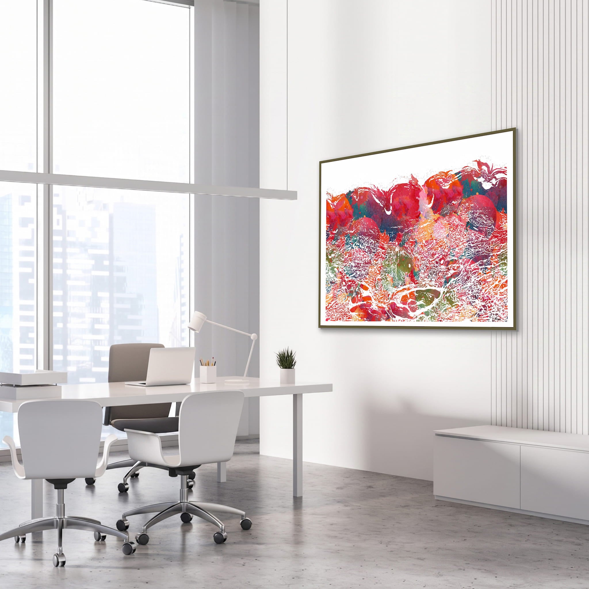 Framed skin histology watercolor print in a dermatology clinic