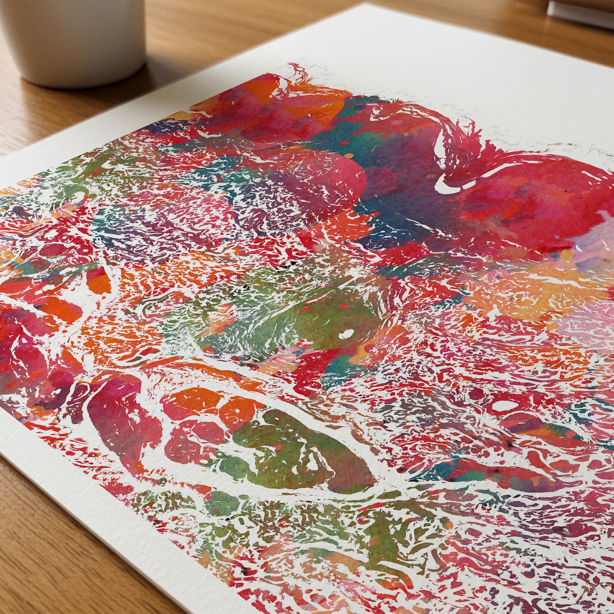 Close-up of skin histology watercolor print showing paper texture and grain