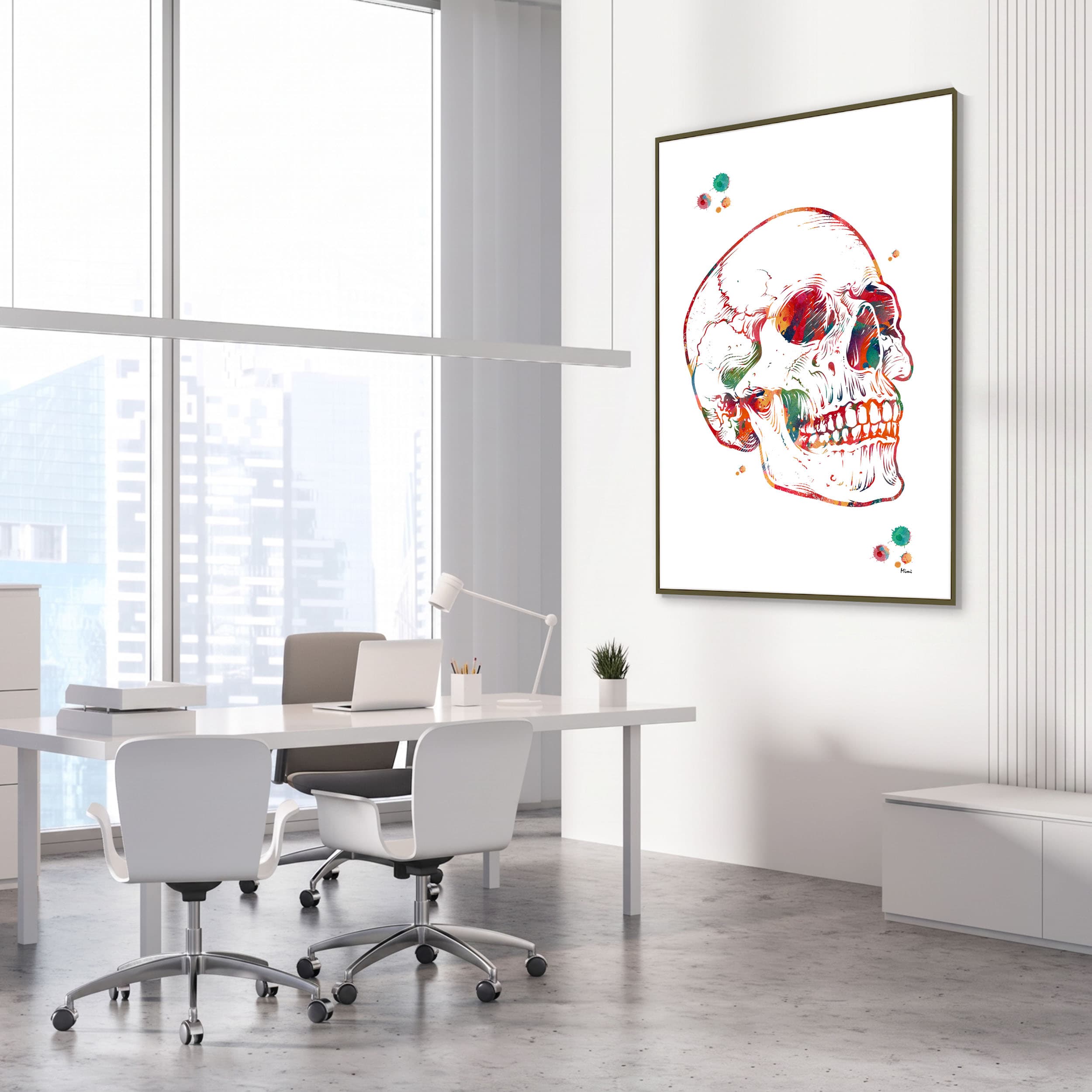 Framed skull anatomy watercolor print in an orthopedic clinic