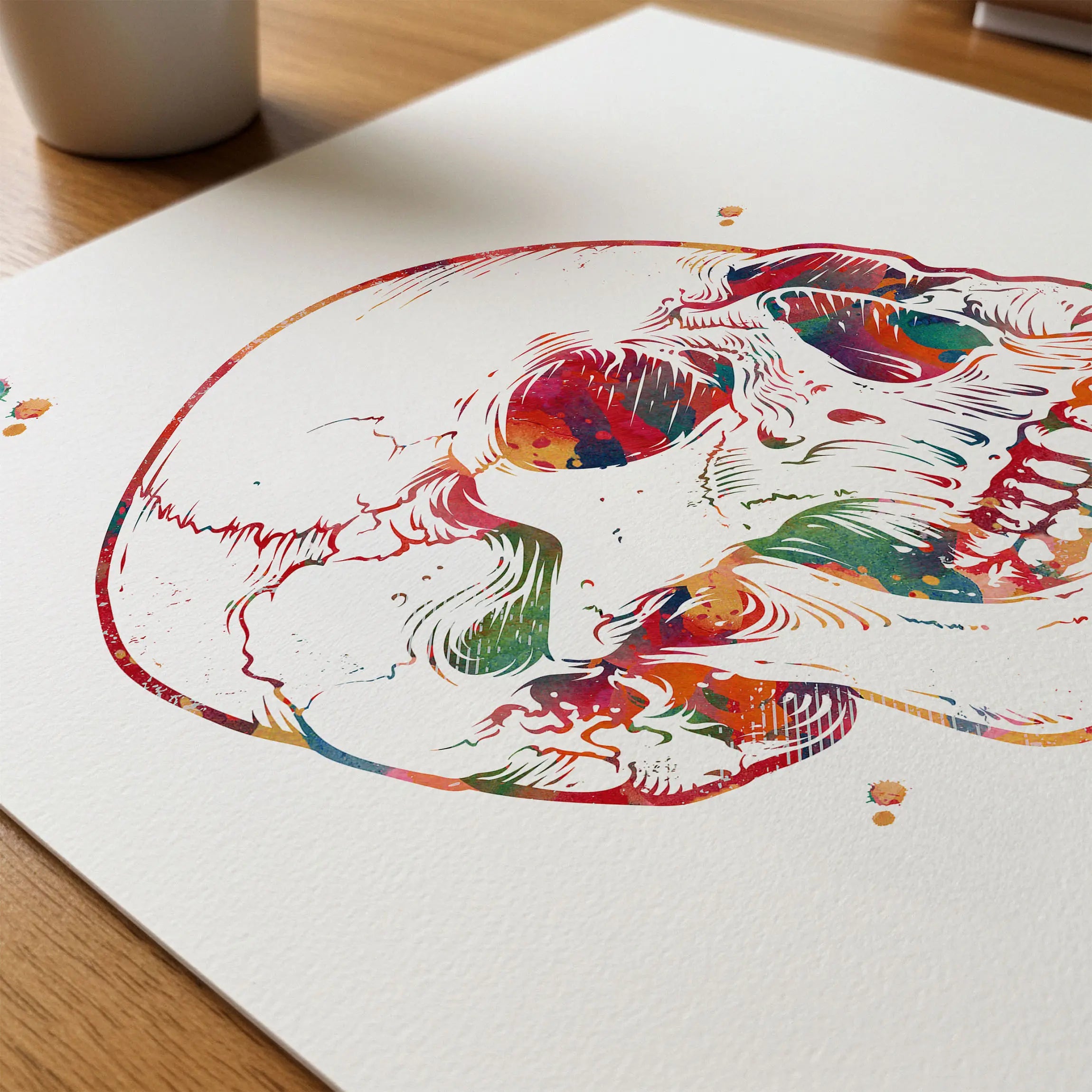 Close-up of skull anatomy watercolor print showing paper texture and grain