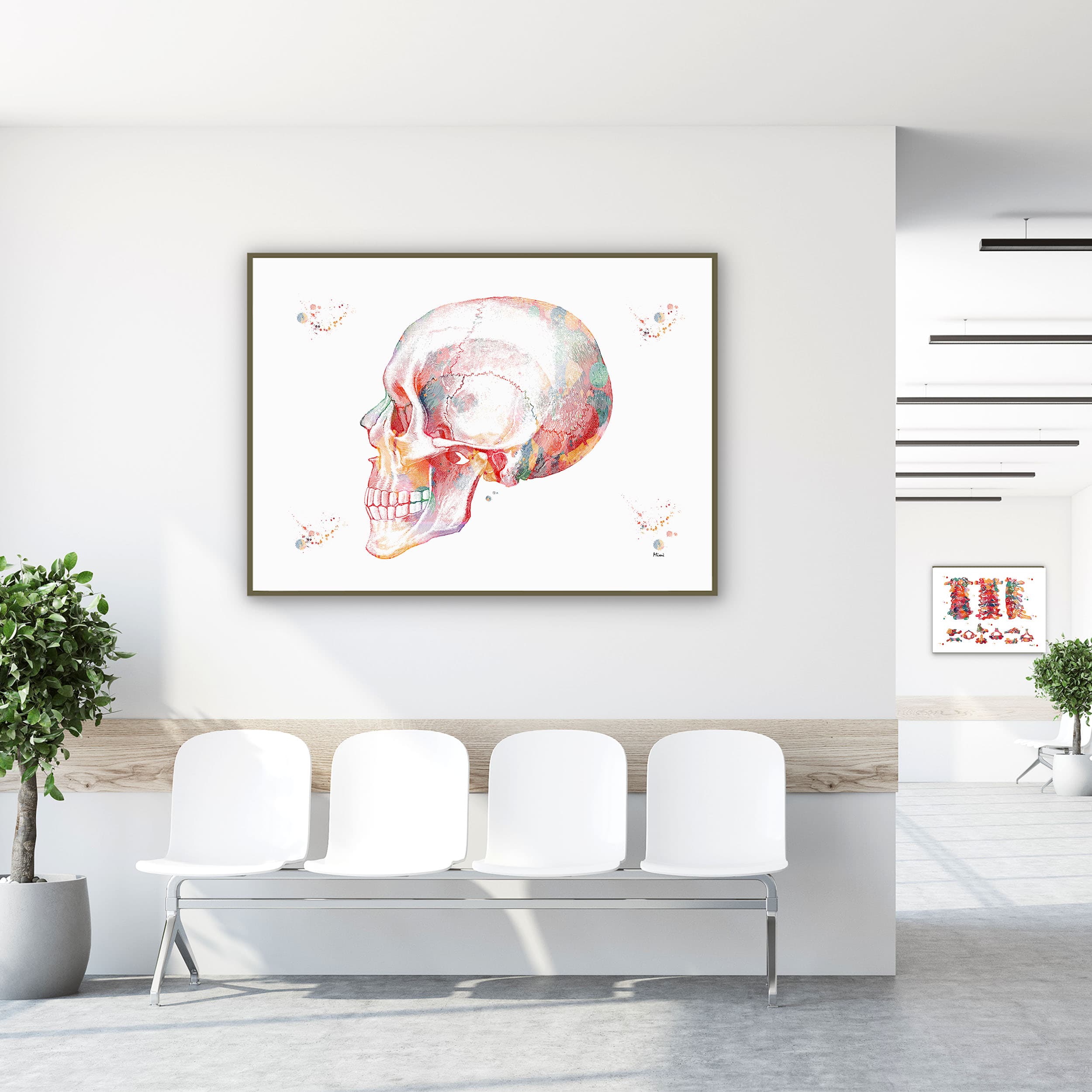 Framed skull lateral view watercolor print in a clinic waiting room