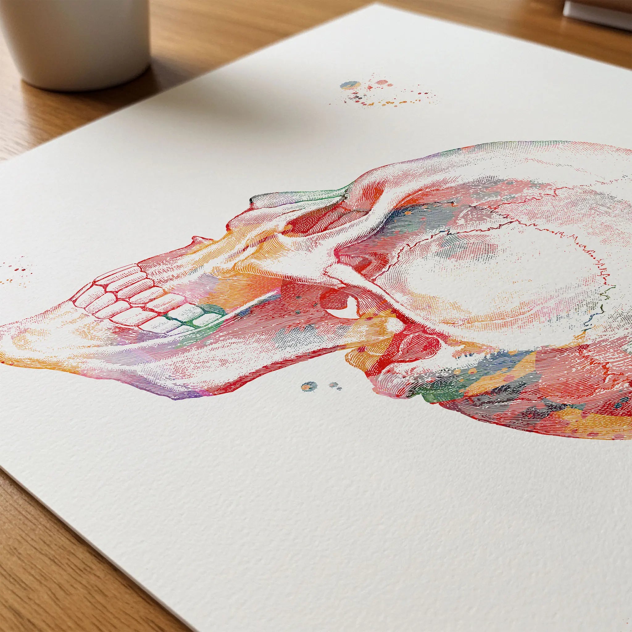 Close-up of skull lateral view watercolor print showing paper texture and grain