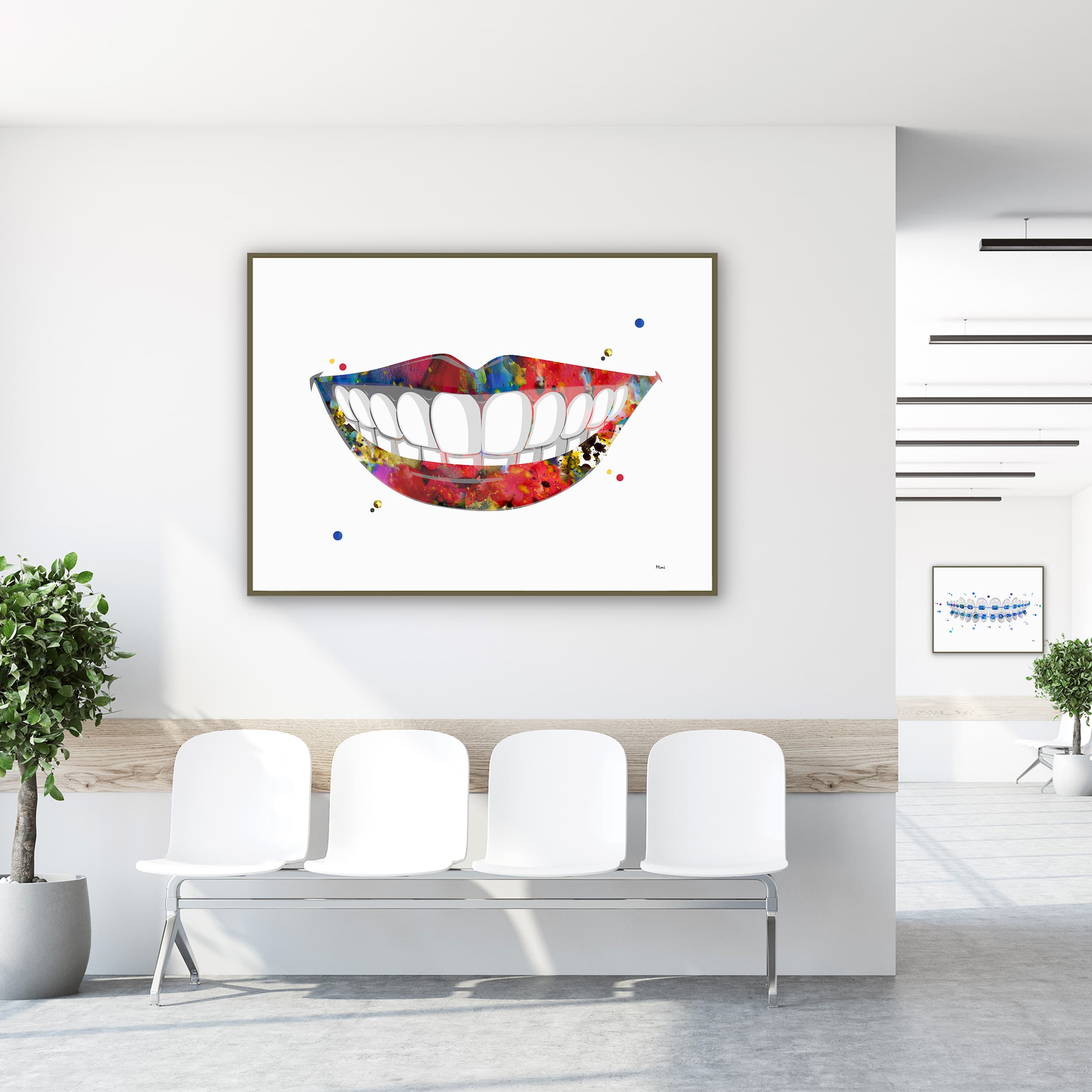 Framed smiling mouth watercolor print in a clinic waiting room