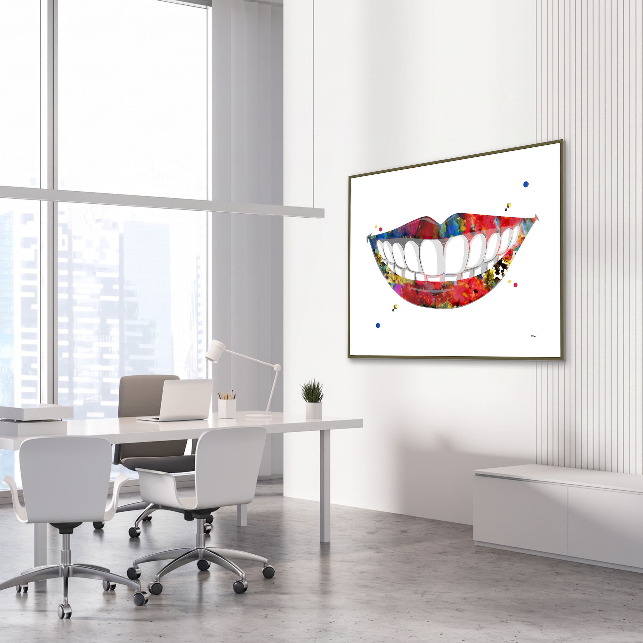 Framed smiling mouth watercolor print in a dental clinic