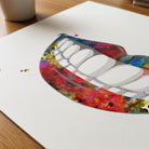 Close-up of smiling mouth watercolor print showing paper texture and grain