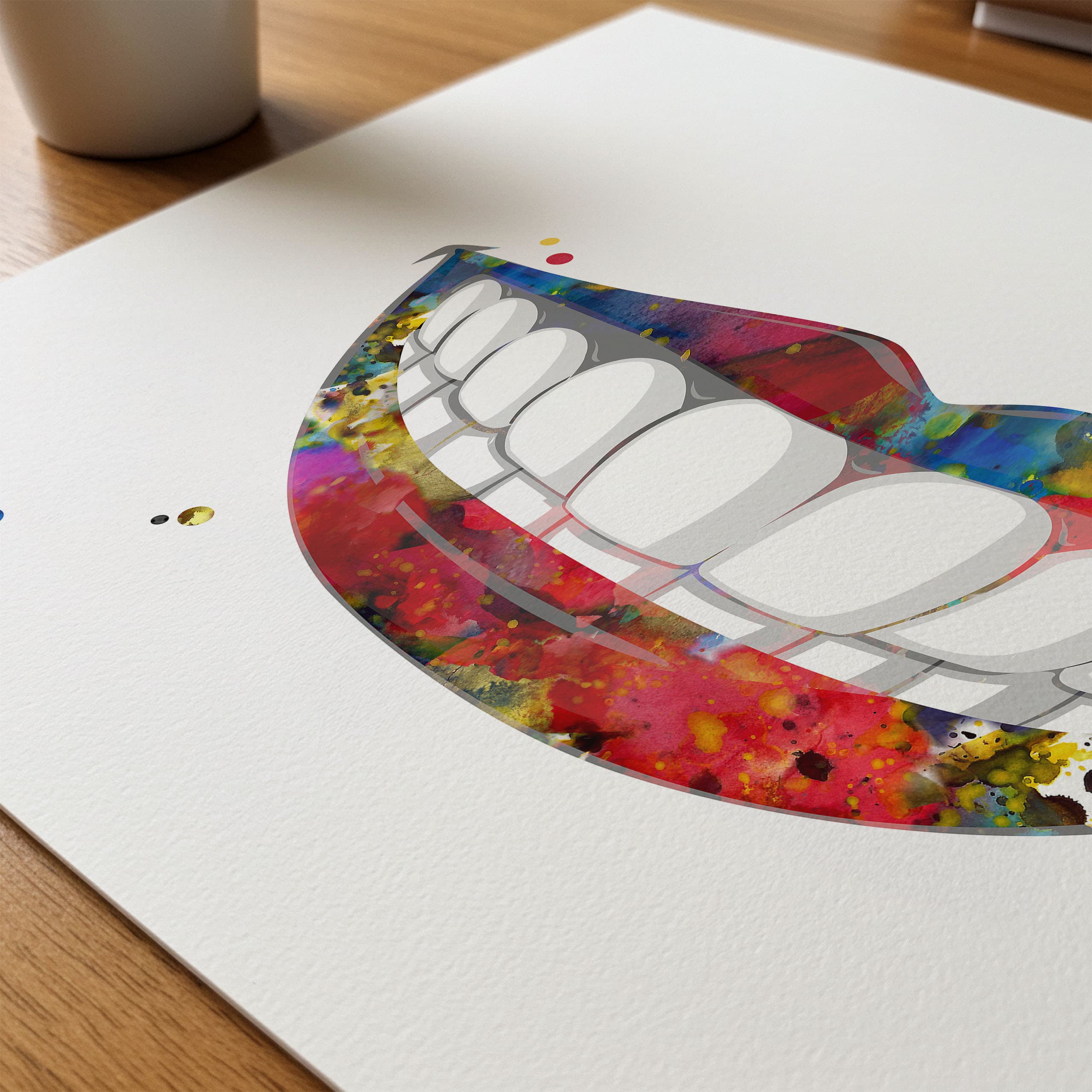 Close-up of smiling mouth watercolor print showing paper texture and grain
