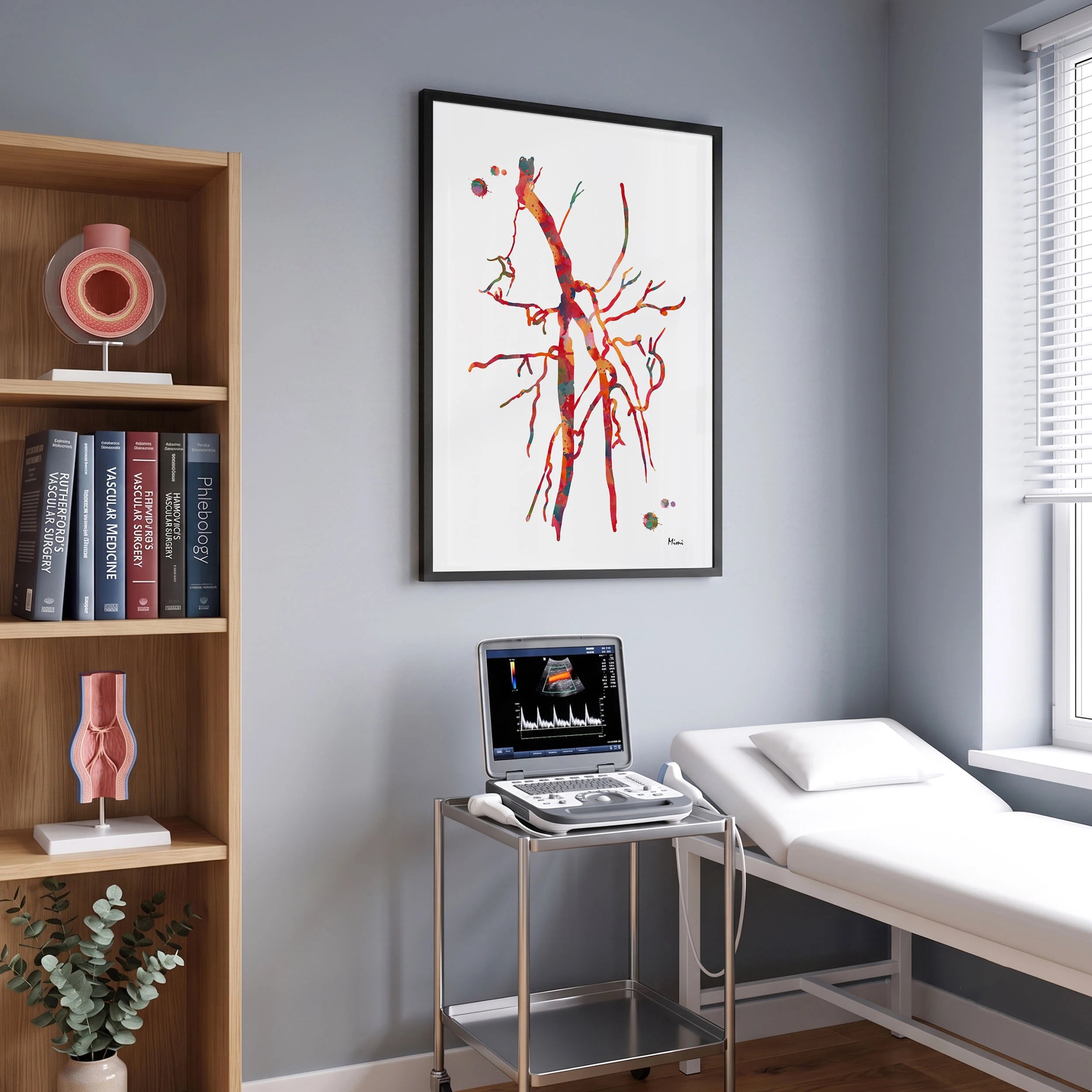 Framed SPF femoral artery occlusion angiogram watercolor print in a vascular clinic