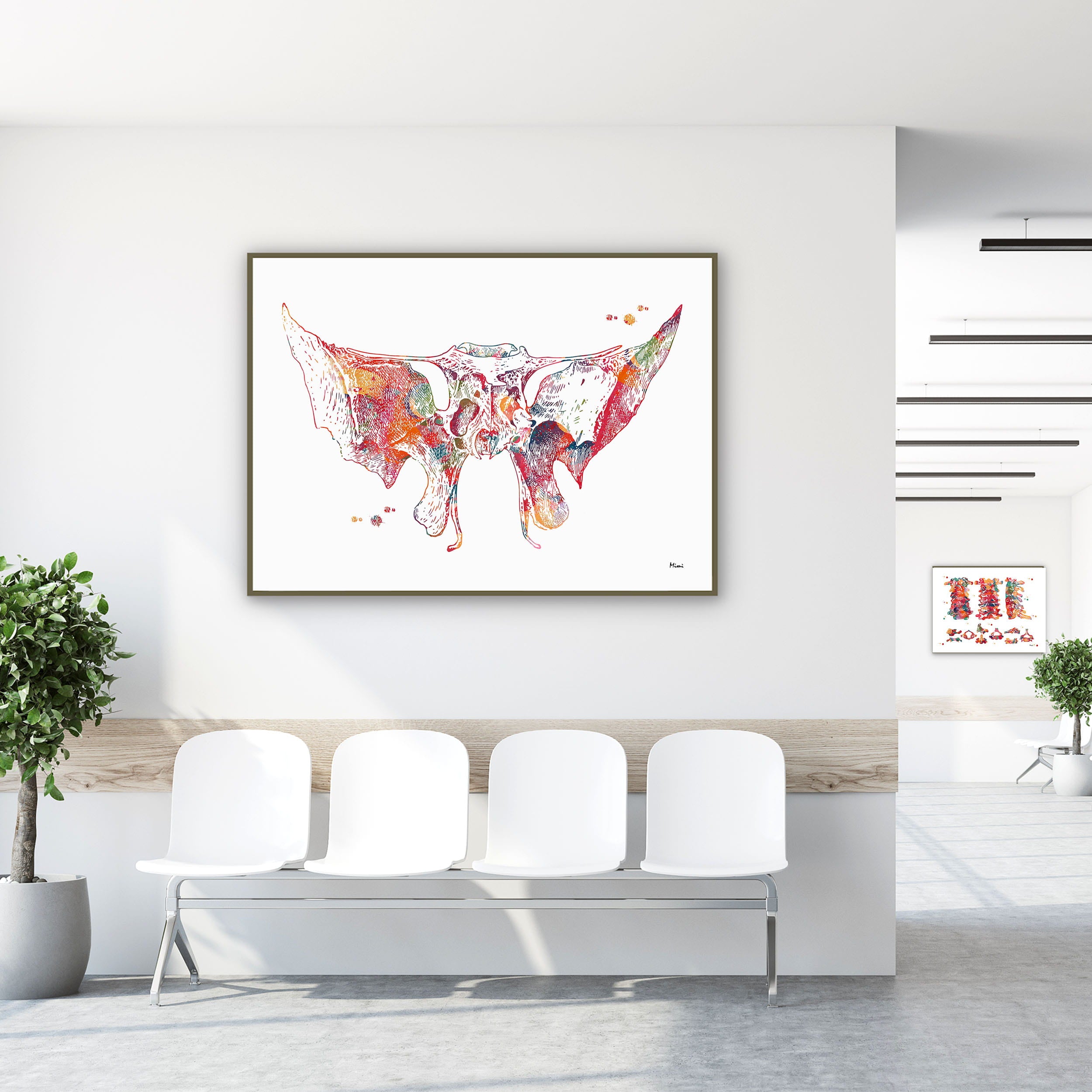 Framed sphenoid bone anatomy watercolor print in a clinic waiting room