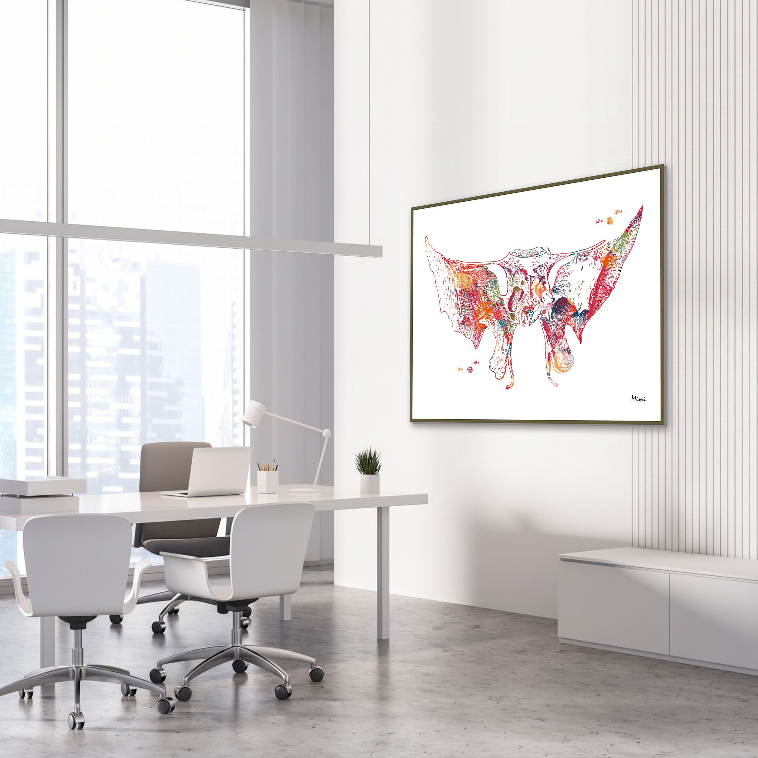 Framed sphenoid bone anatomy watercolor print in an orthopedic clinic