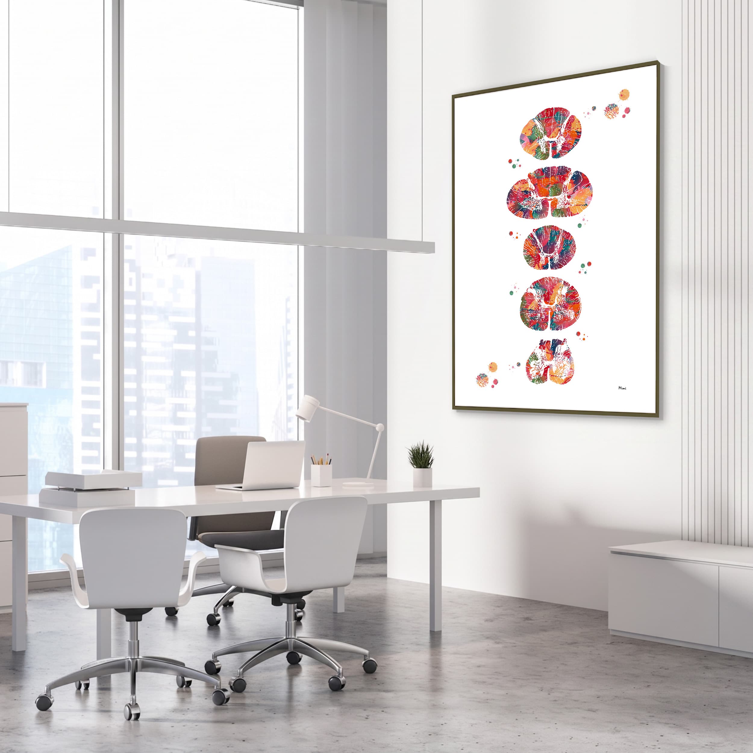 Framed spinal cord cross-section anatomy watercolor print in a neurology clinic
