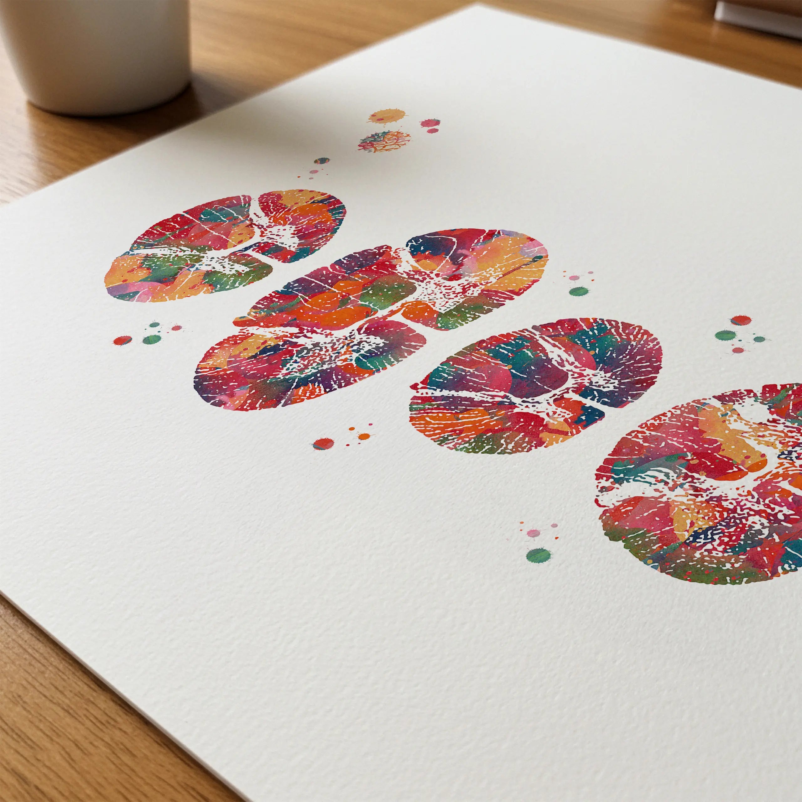 Close-up of spinal cord cross-section anatomy watercolor print showing paper texture and grain