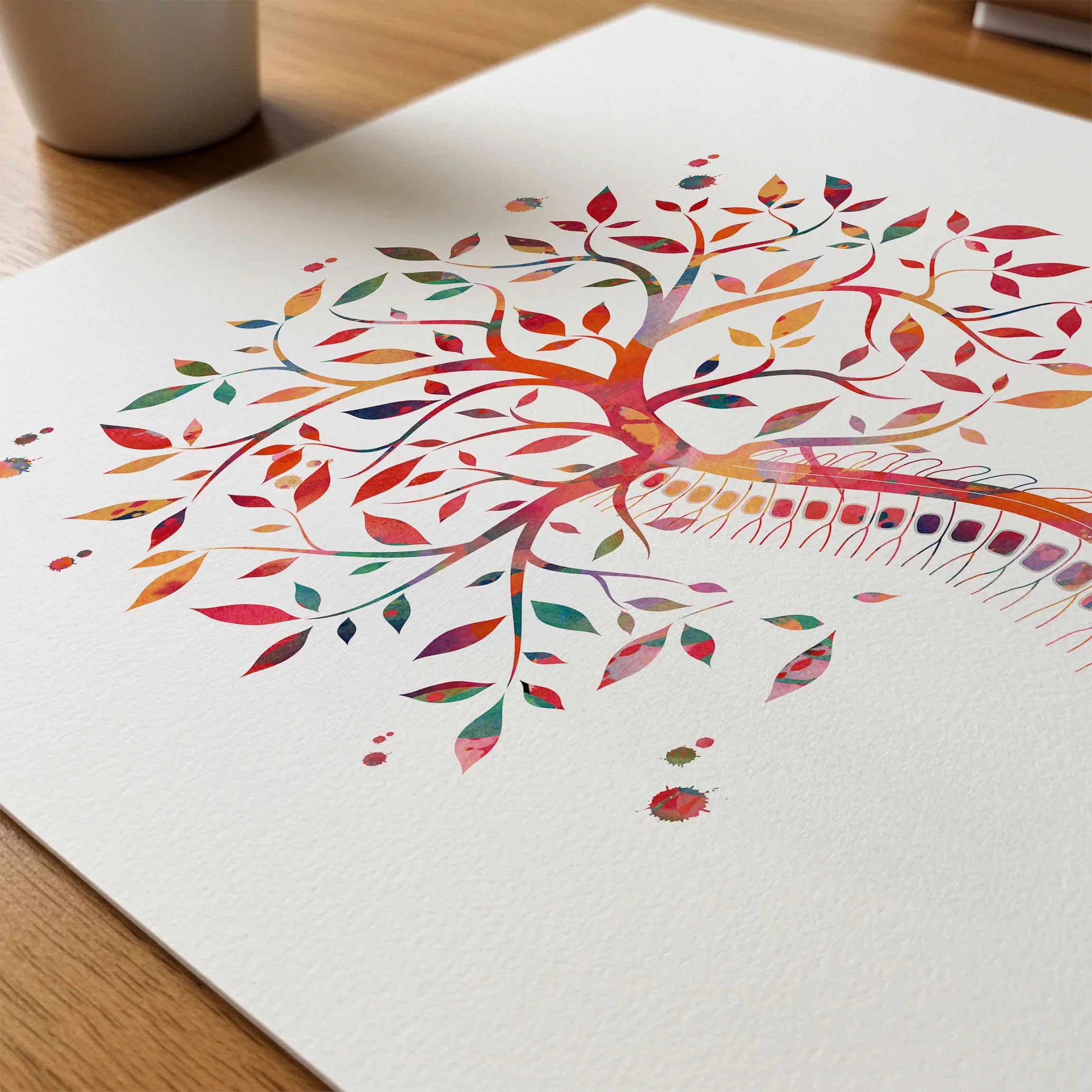 Close-up of spine tree of life watercolor print showing paper texture and grain