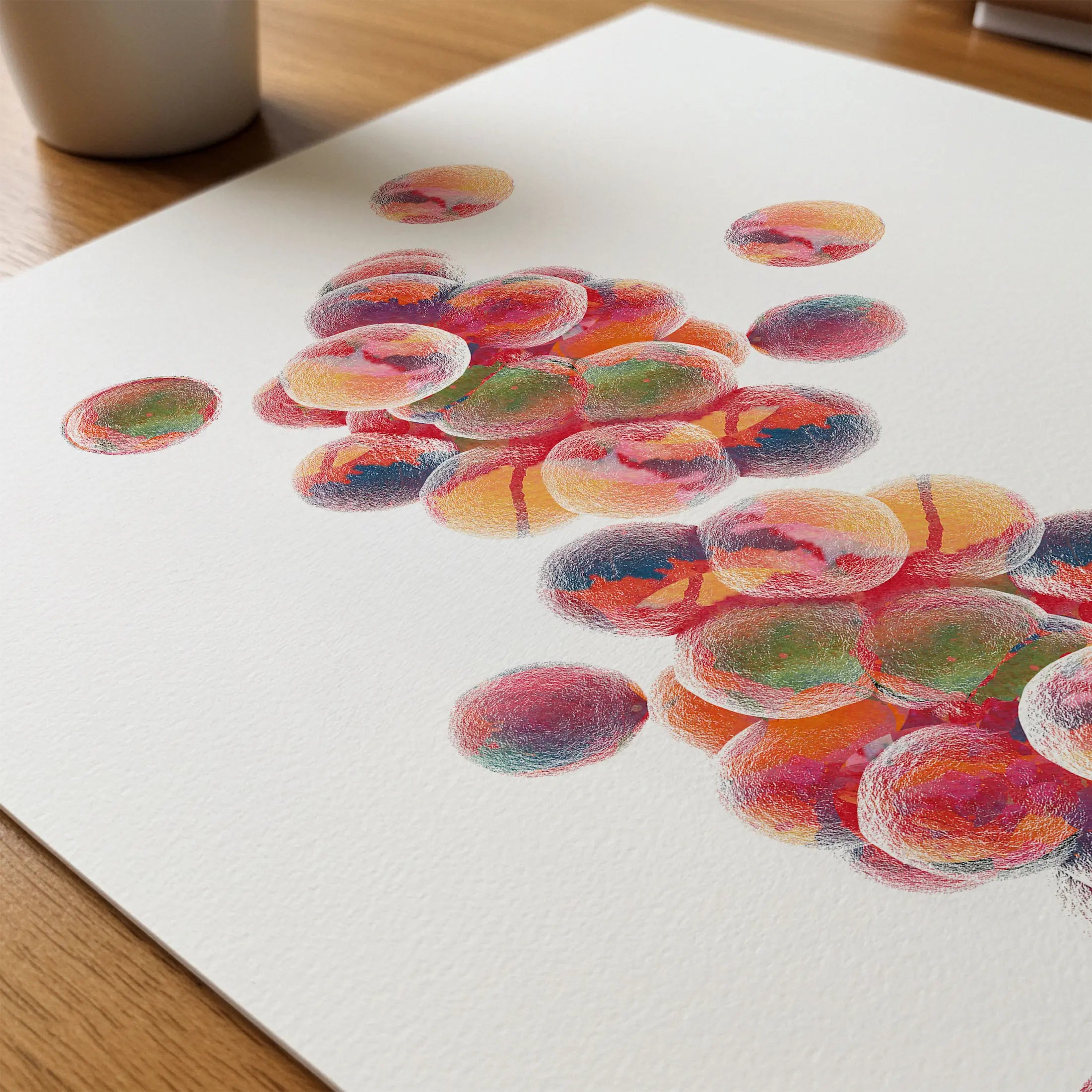 Close-up of staphylococcus aureus watercolor print showing paper texture and grain