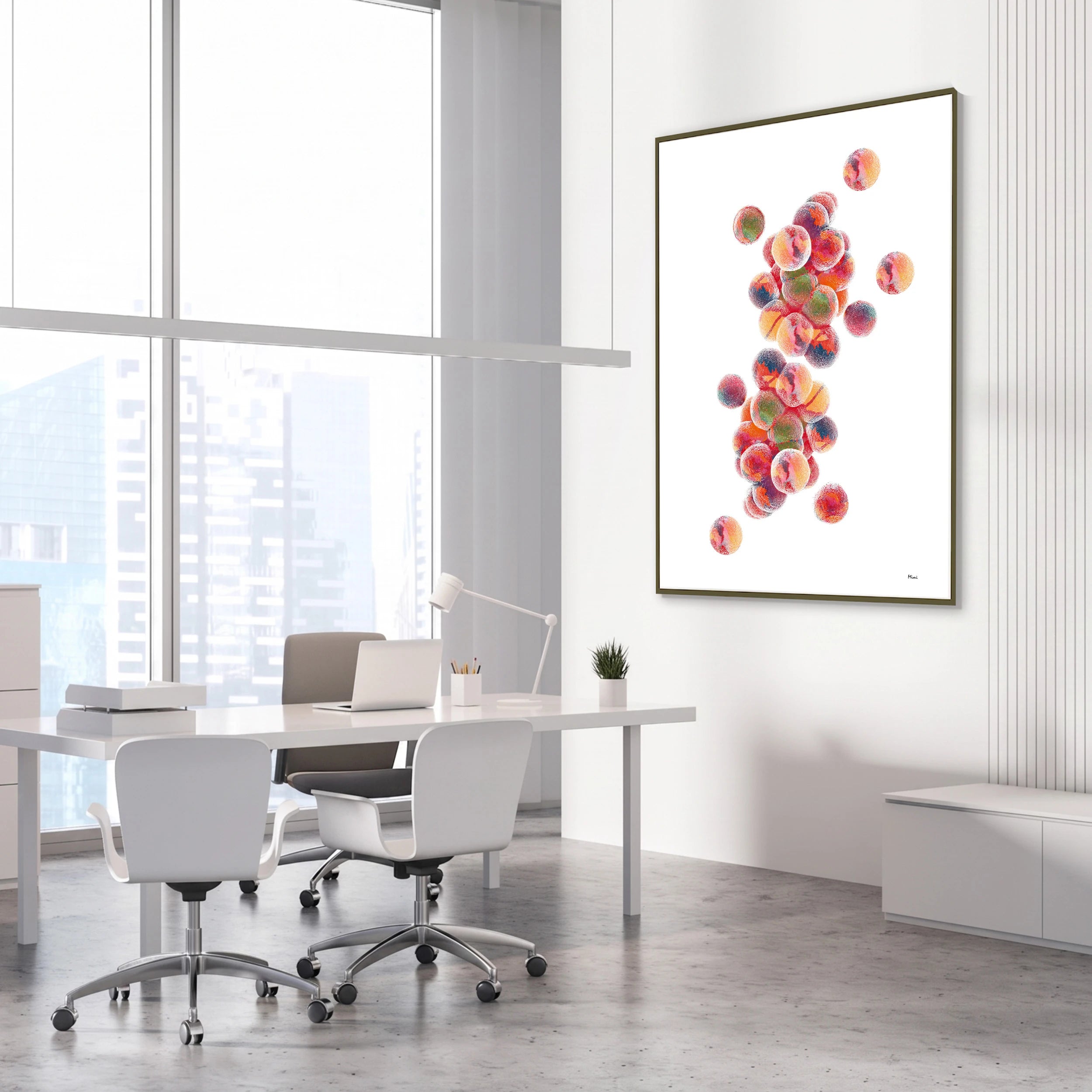 Framed staphylococcus aureus watercolor print in a science laboratory office