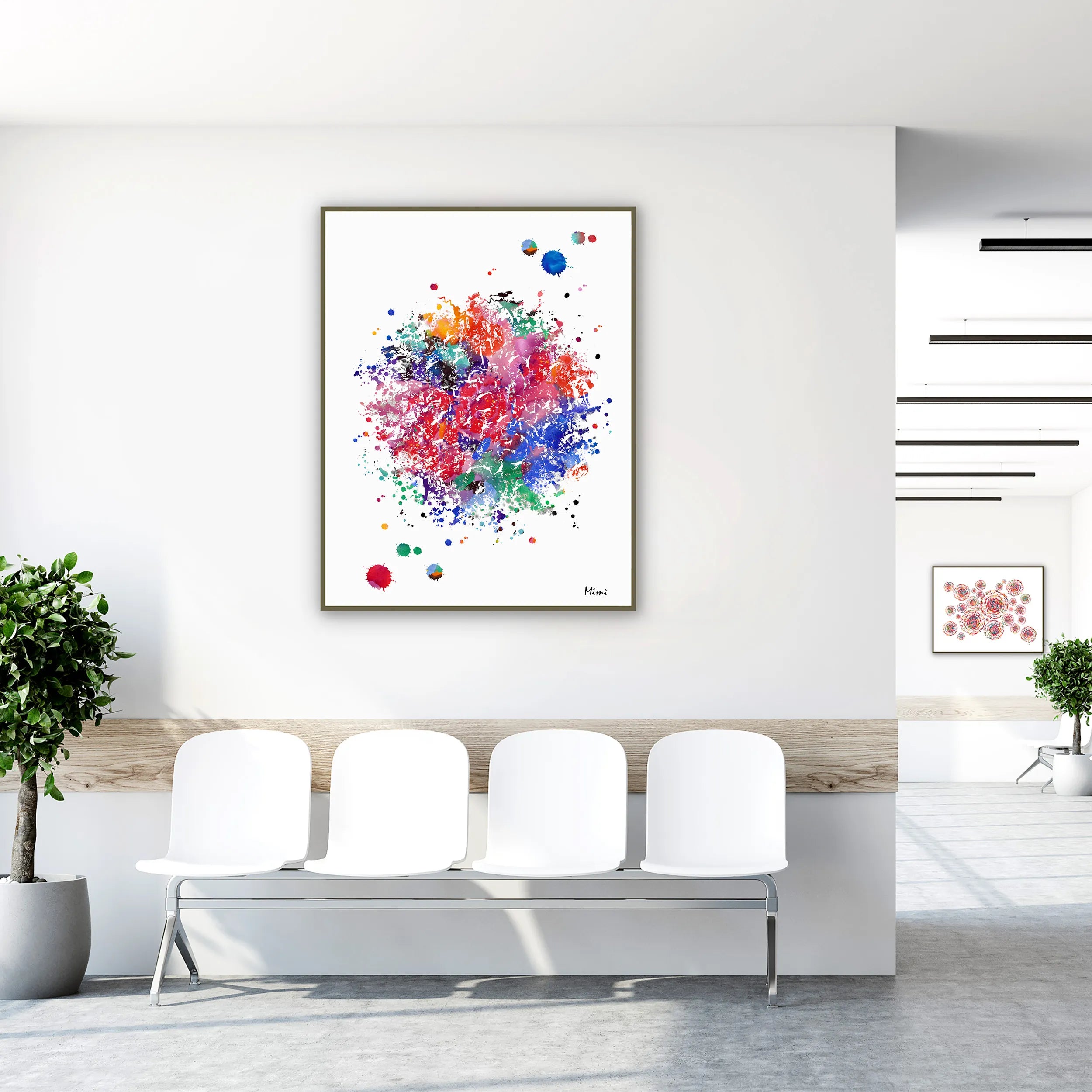 Framed t-cell immune system watercolor print in a clinic waiting room