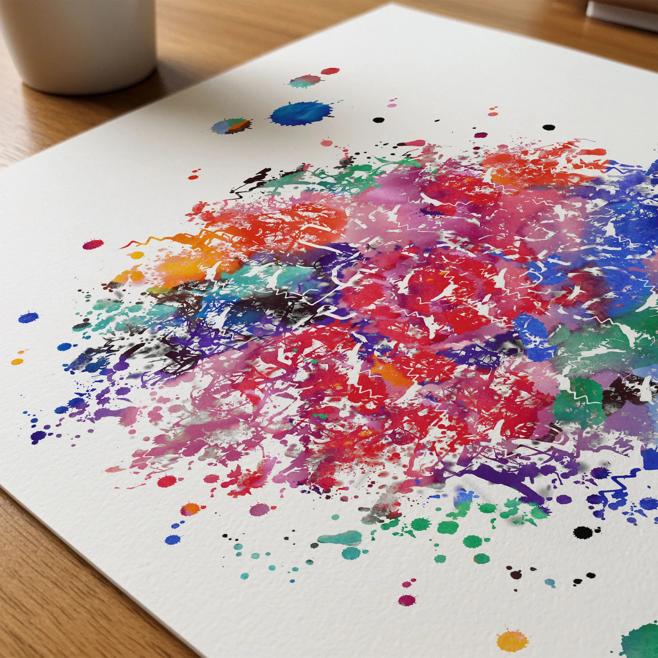 Close-up of t-cell immune system watercolor print showing paper texture and grain