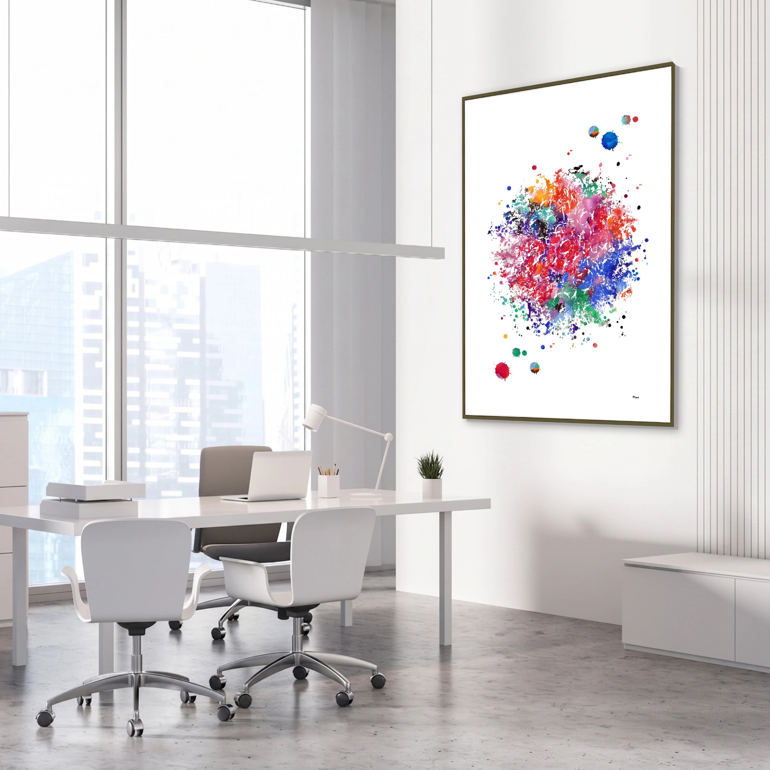 Framed t-cell immune system watercolor print in a science laboratory office