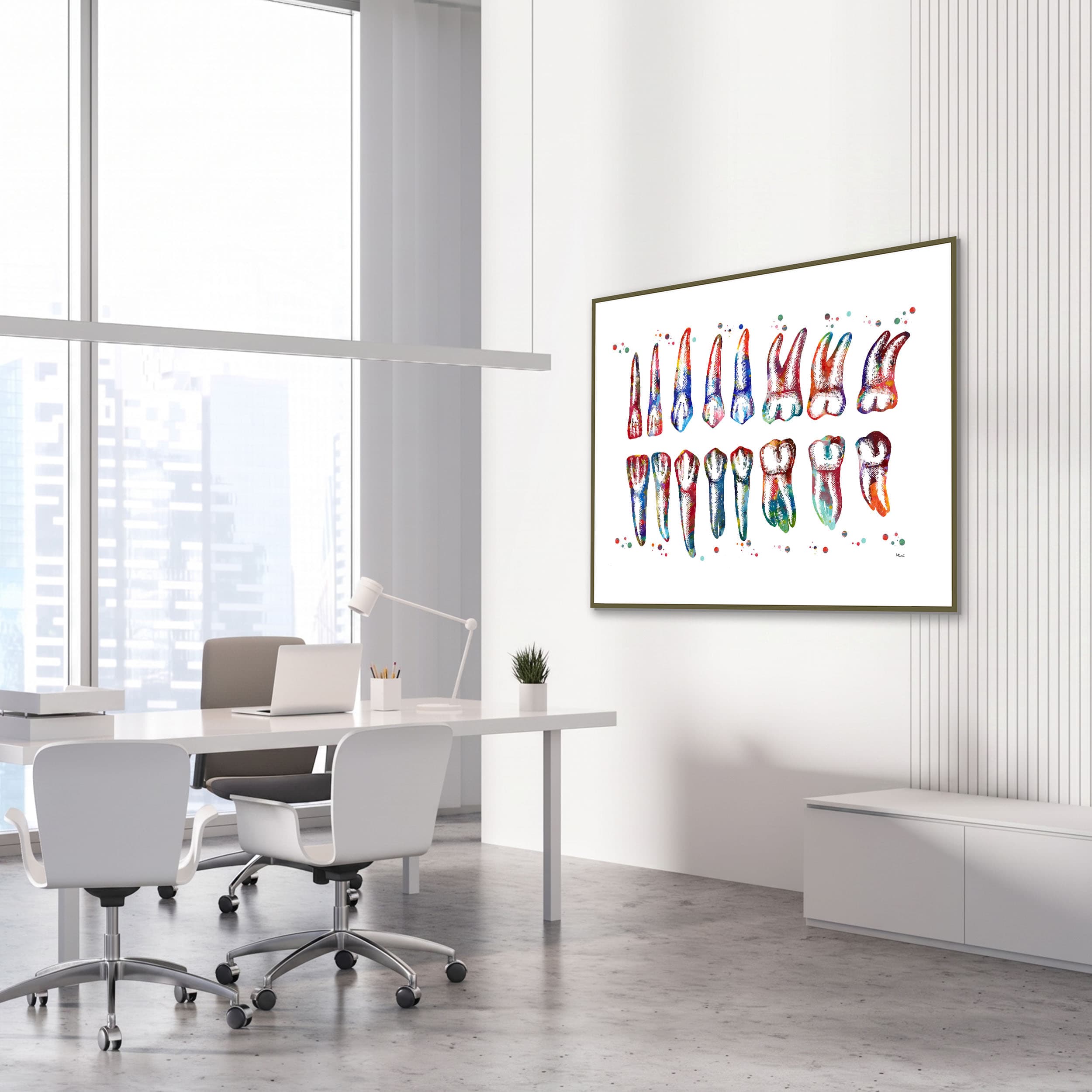 Framed teeth & roots diagram watercolor print in a dental clinic