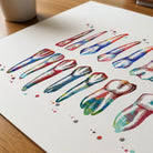 Close-up of teeth & roots diagram watercolor print showing paper texture and grain
