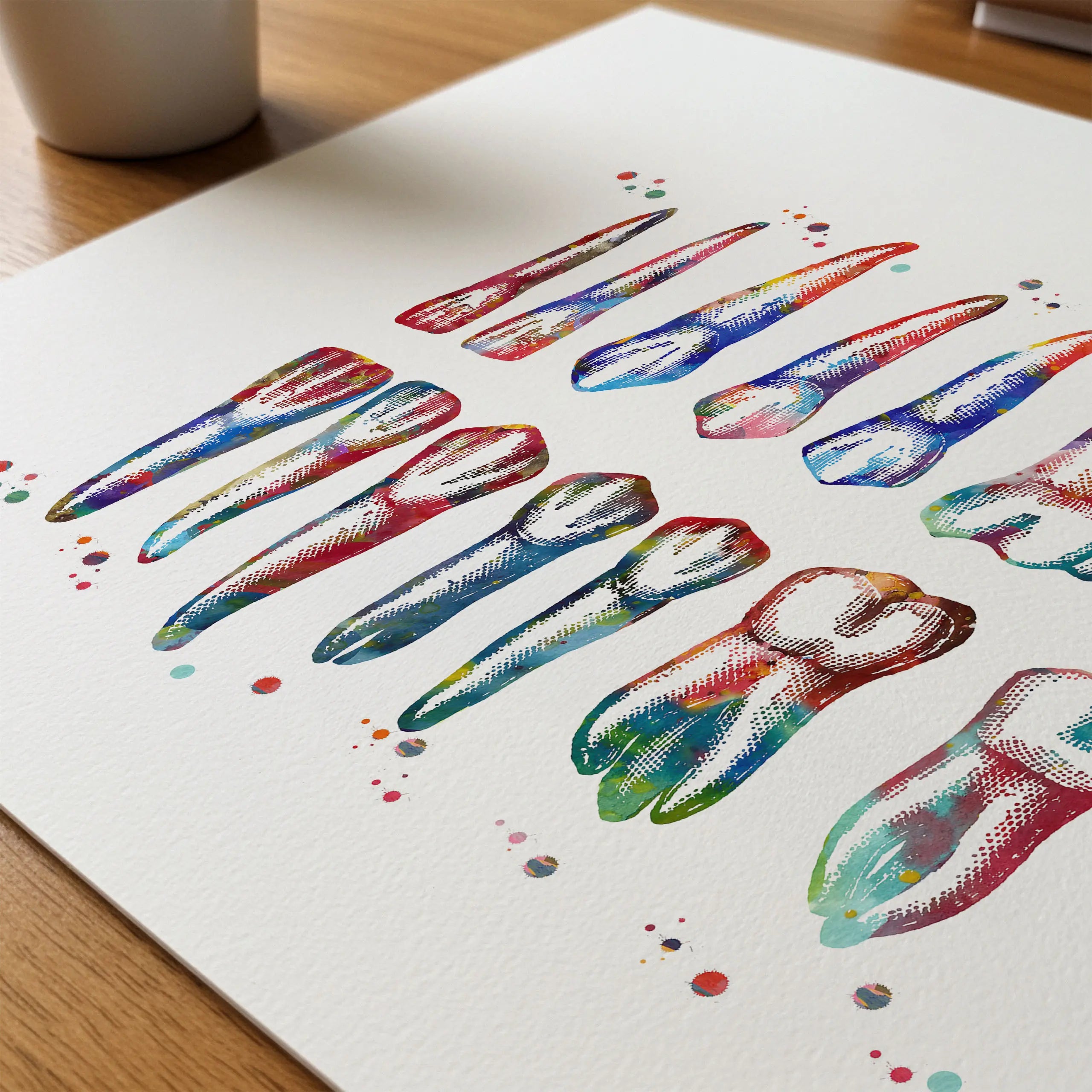 Close-up of teeth & roots diagram watercolor print showing paper texture and grain