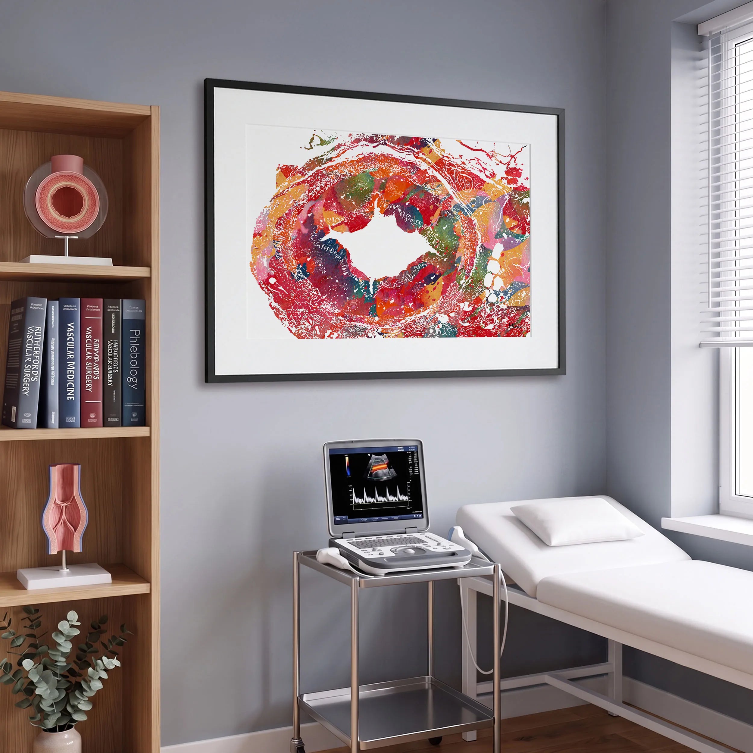 Framed temporal artery histology watercolor print in a vascular clinic