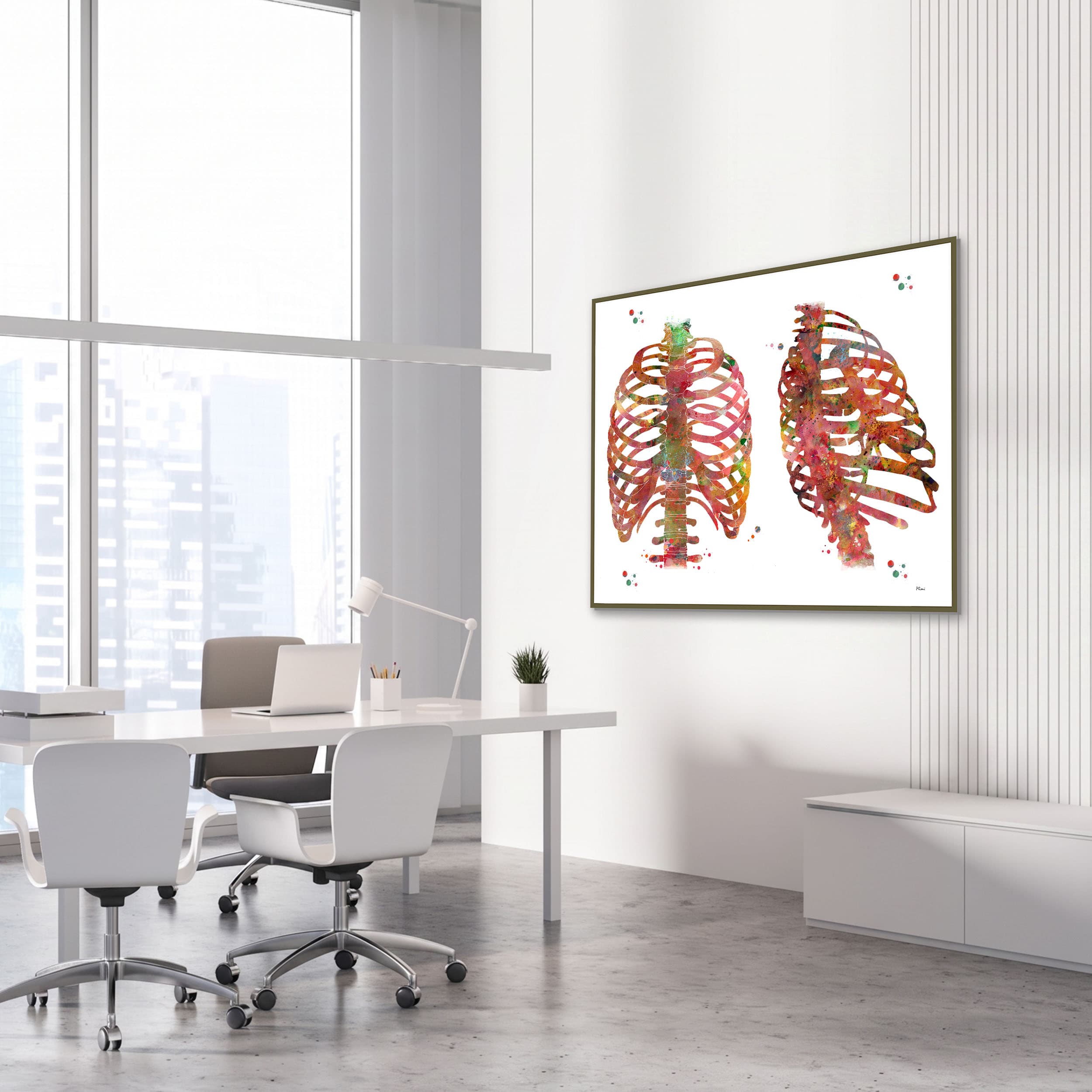 Framed thorax & rib cage watercolor print in an orthopedic clinic