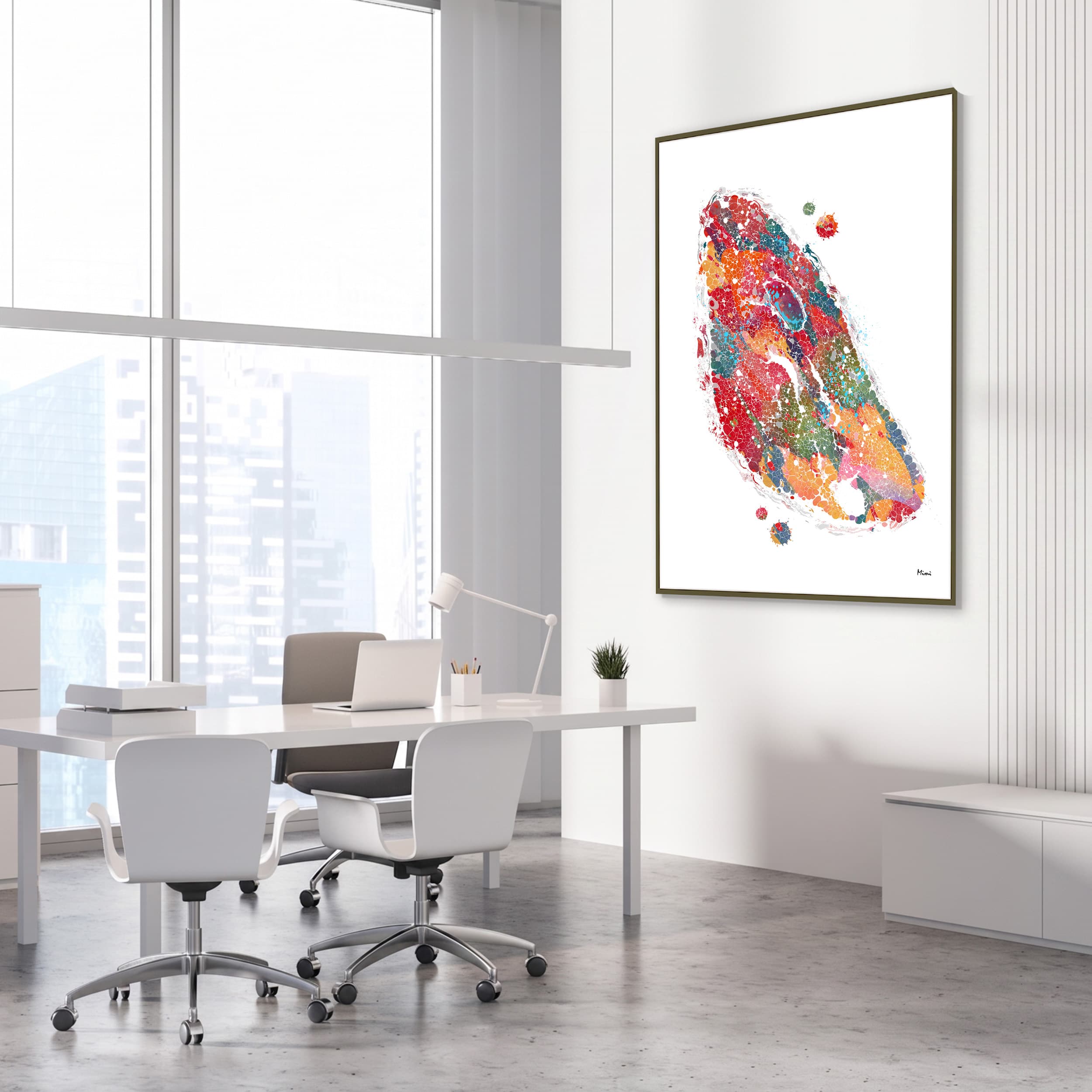 Framed thyroid & parathyroid watercolor print in an endocrinology clinic