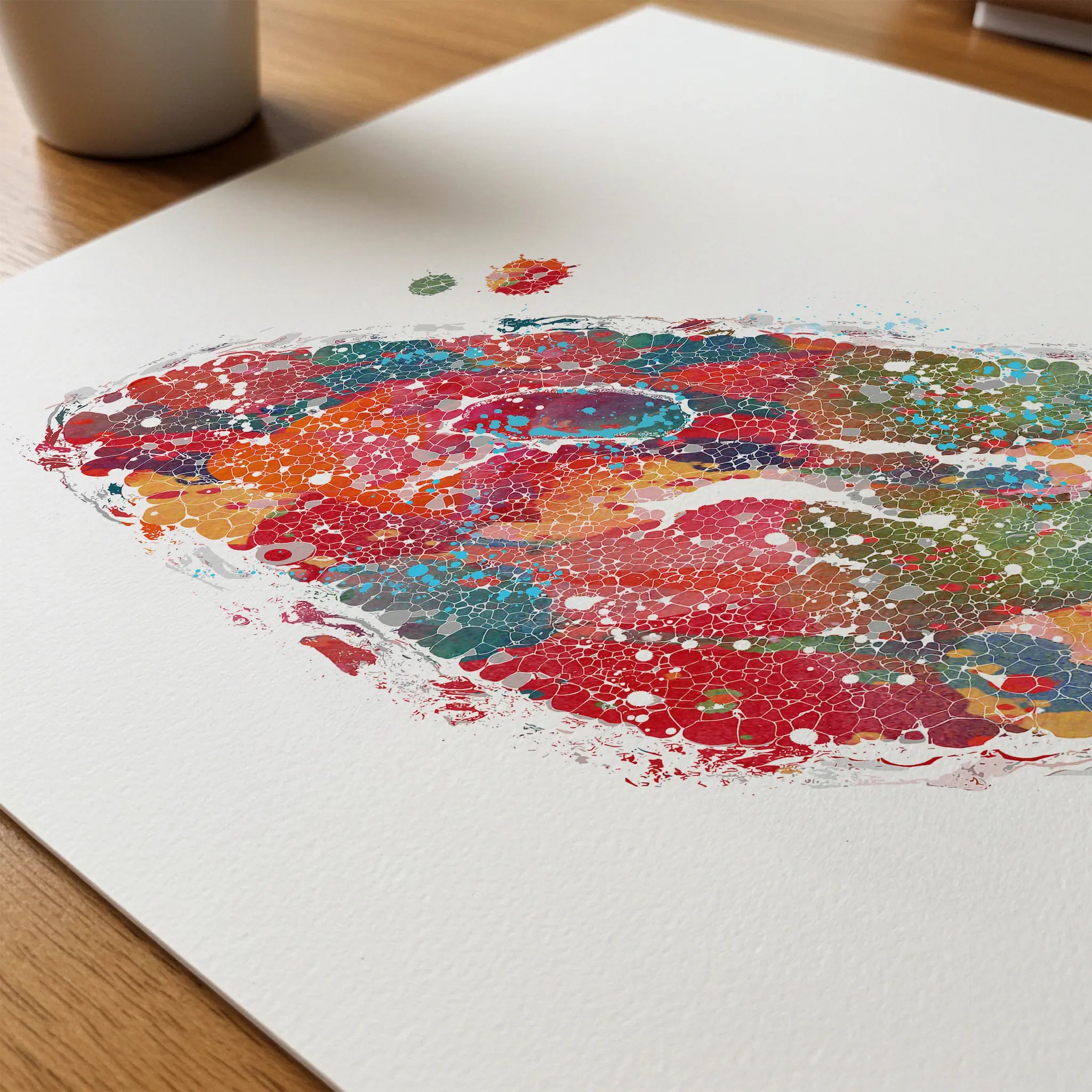 Close-up of thyroid & parathyroid watercolor print showing paper texture and grain