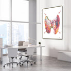 Framed thyroid gland anatomy watercolor print in an endocrinology clinic
