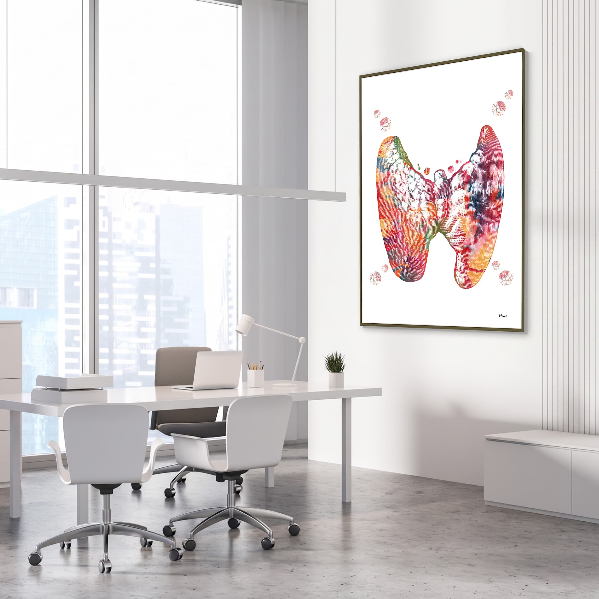 Framed thyroid gland anatomy watercolor print in an endocrinology clinic