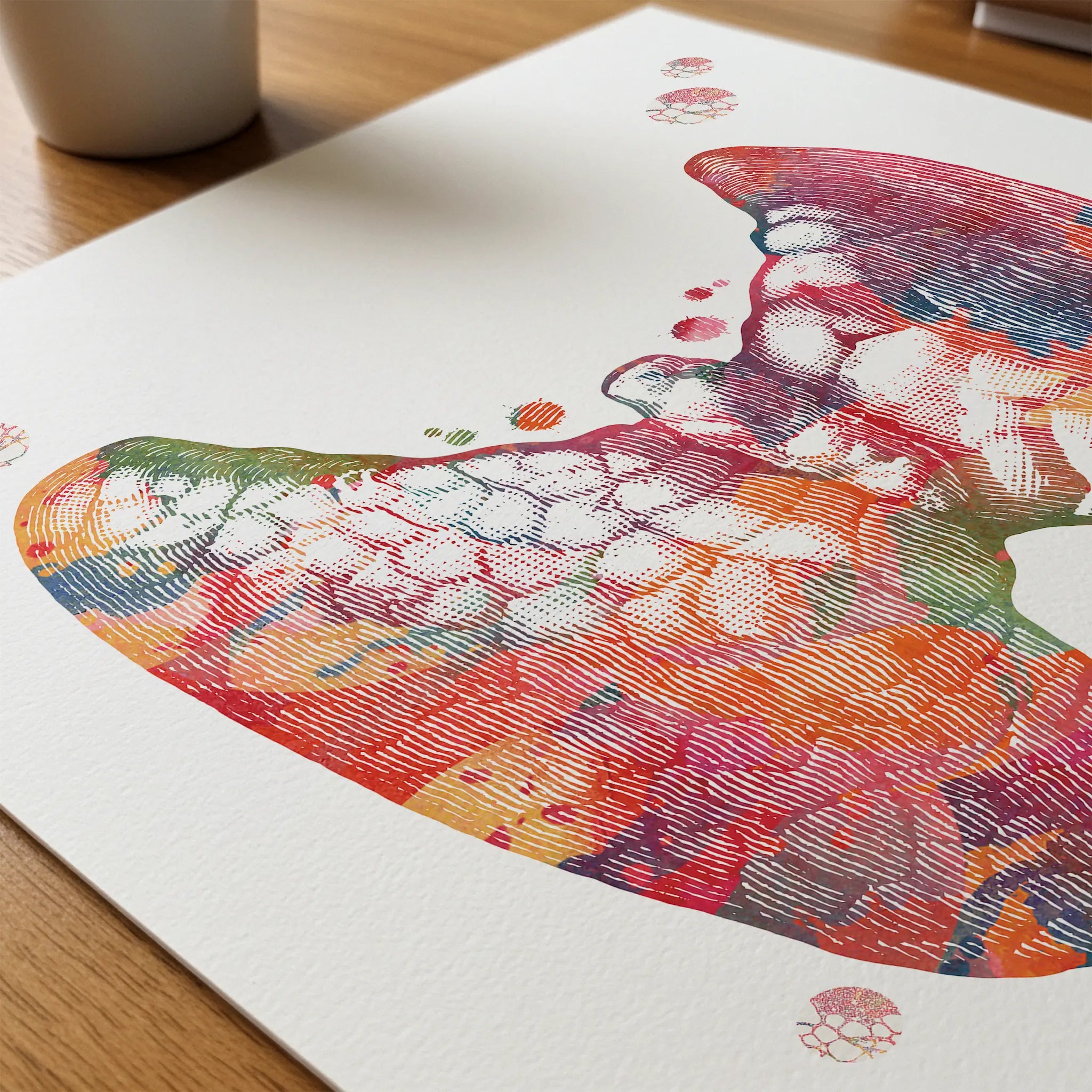 Close-up of thyroid gland anatomy watercolor print showing paper texture and grain