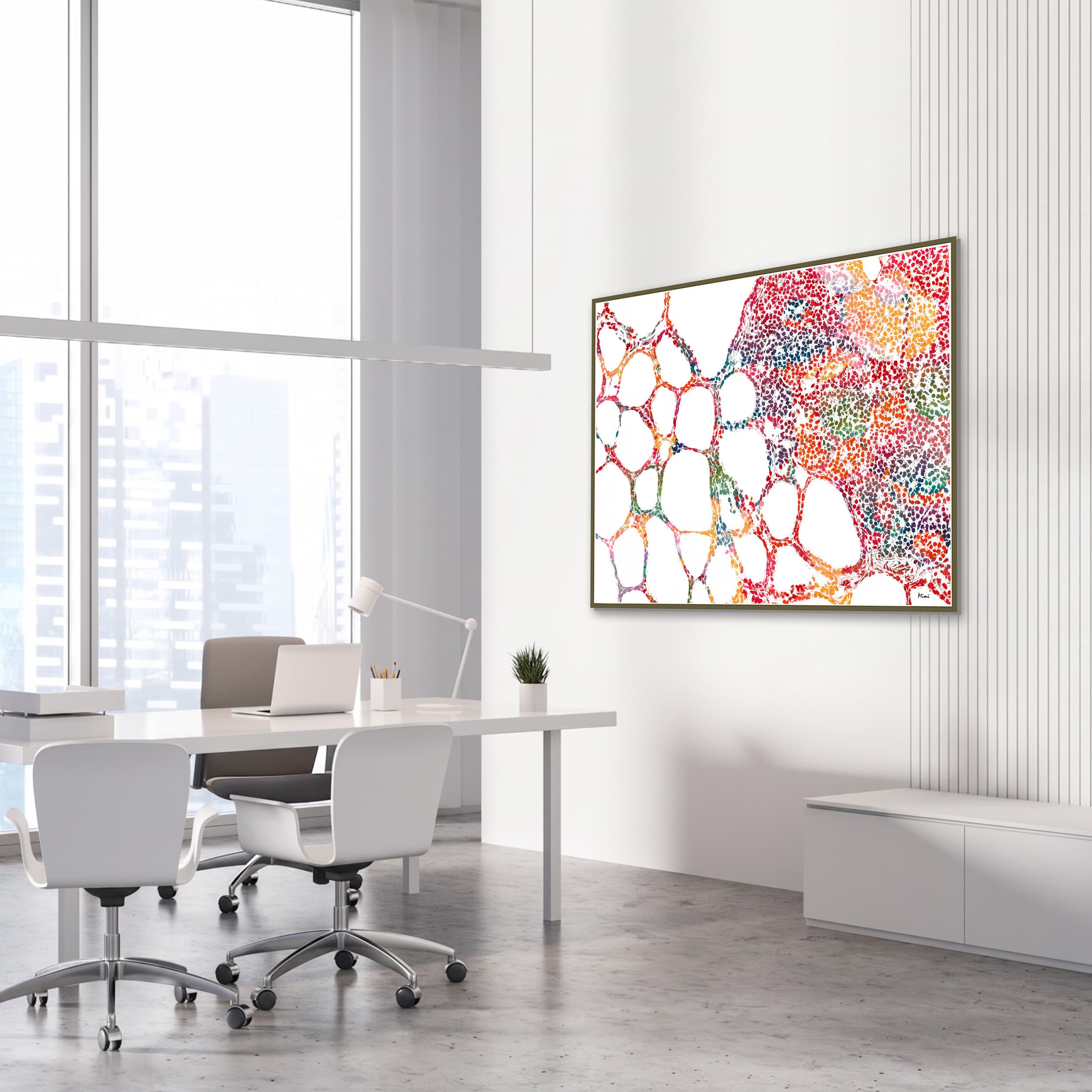 Framed thyroid histology watercolor print in an endocrinology clinic