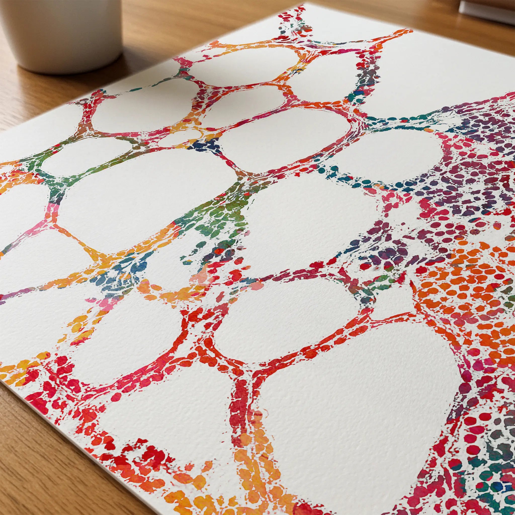 Close-up of thyroid histology watercolor print showing paper texture and grain