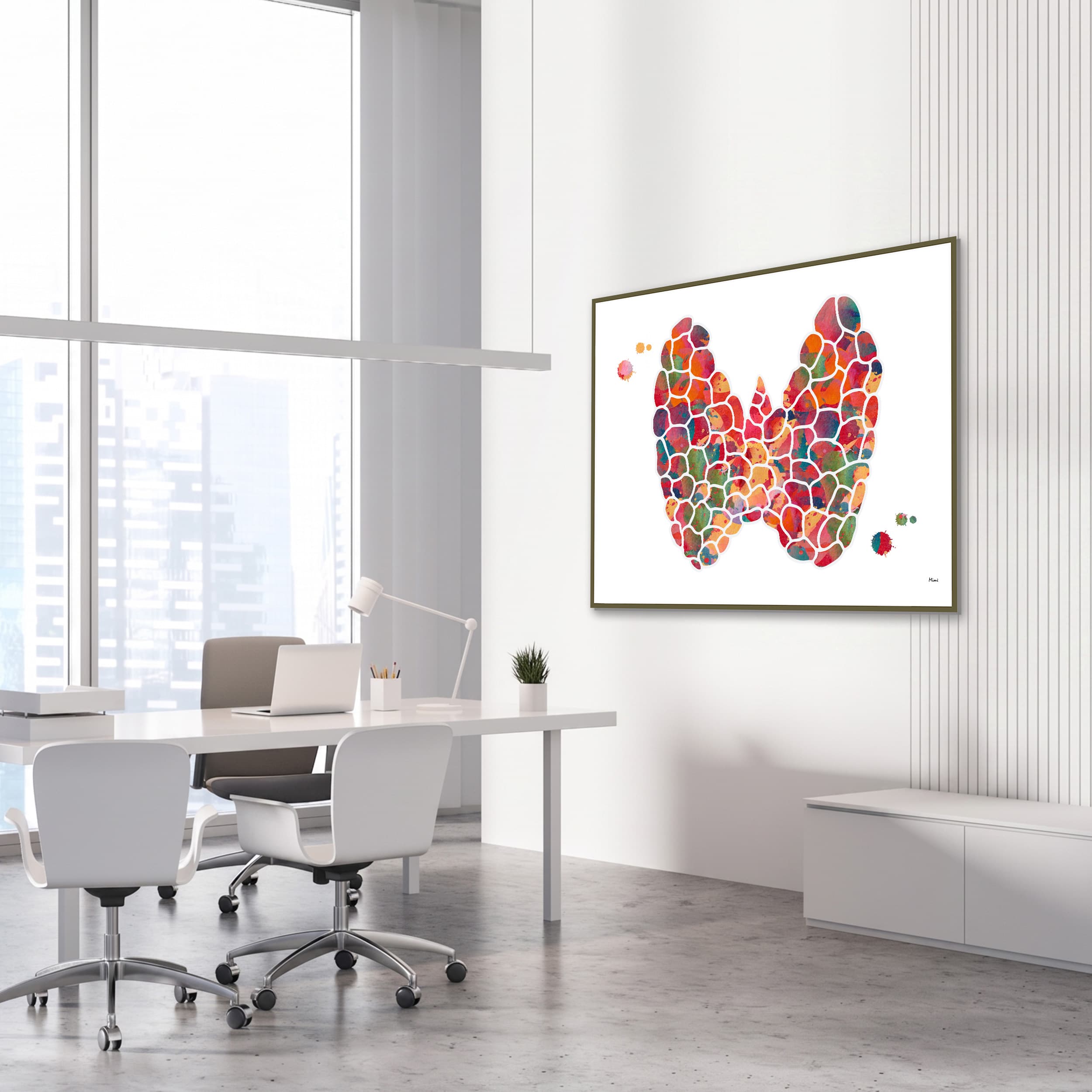 Framed thyroid structure watercolor print in an endocrinology clinic
