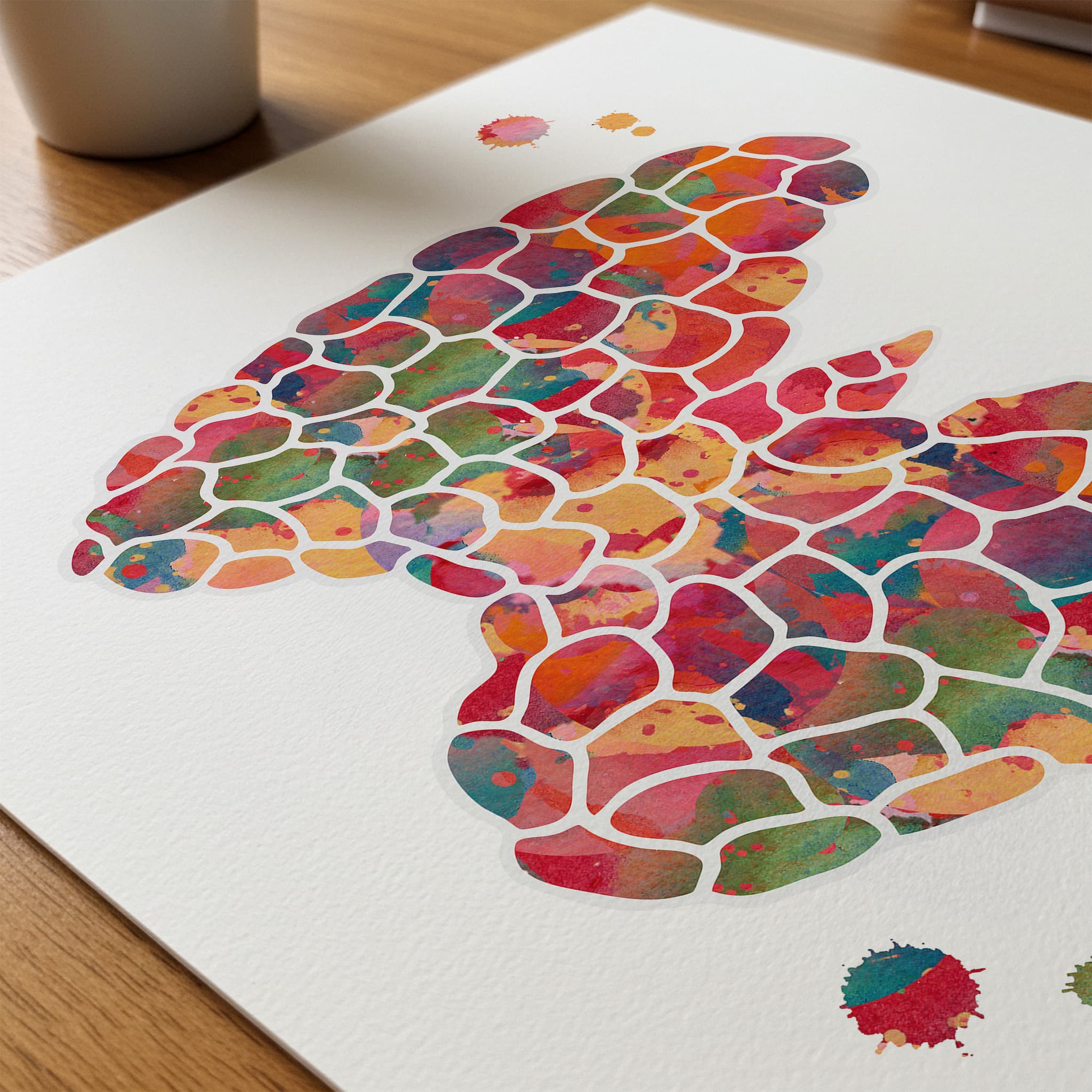 Close-up of thyroid structure watercolor print showing paper texture and grain