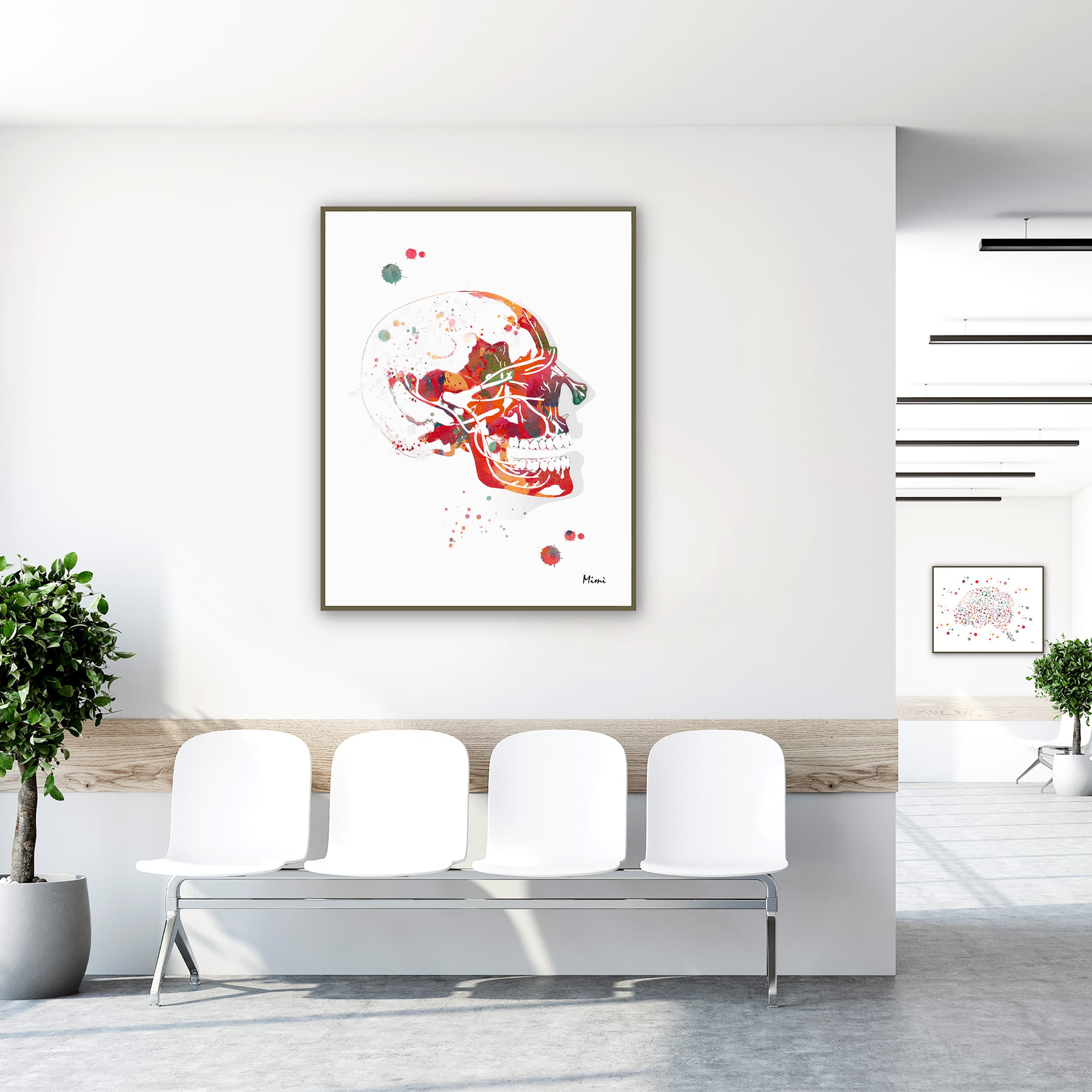 Framed trigeminal nerve anatomy watercolor print in a clinic waiting room