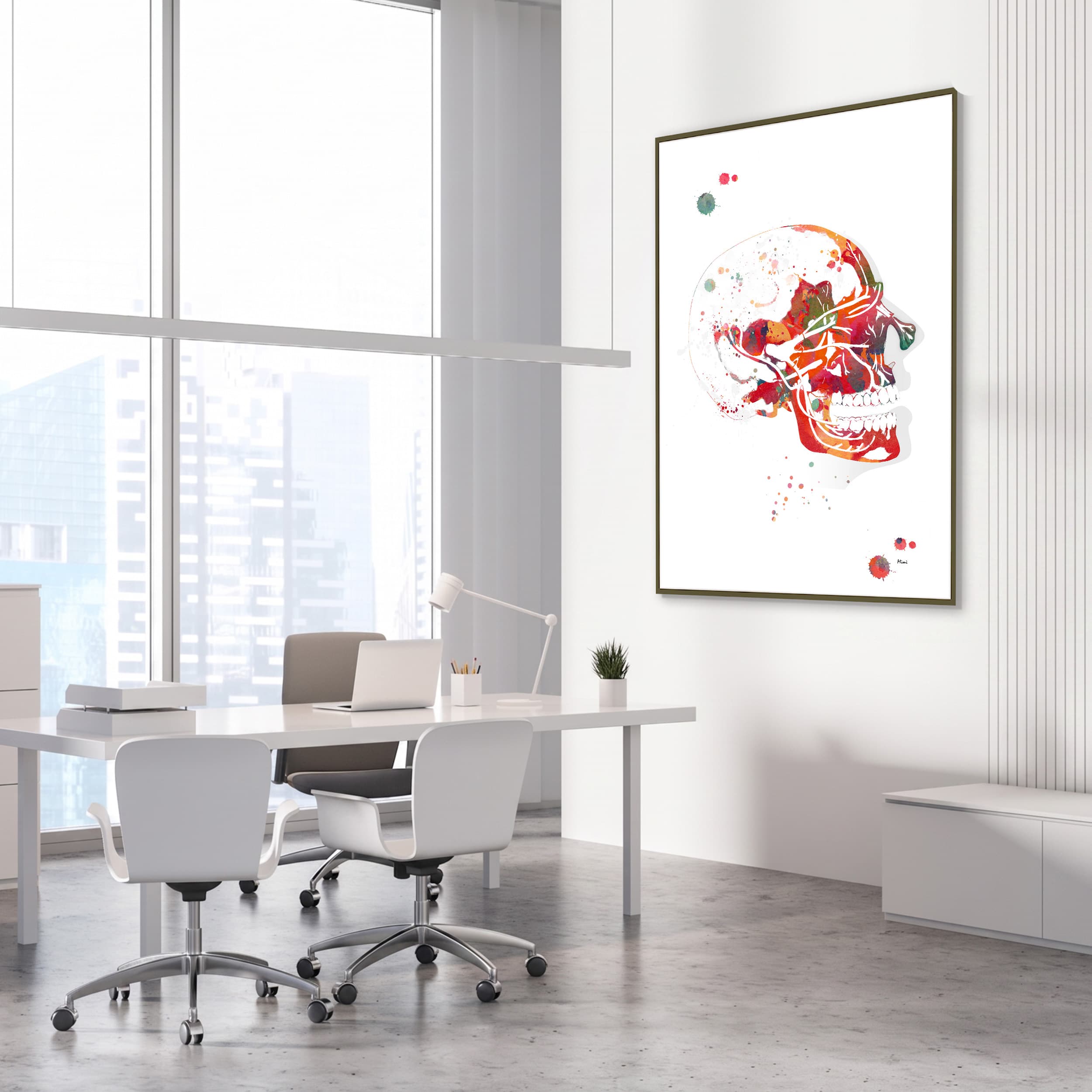 Framed trigeminal nerve anatomy watercolor print in a neurology clinic