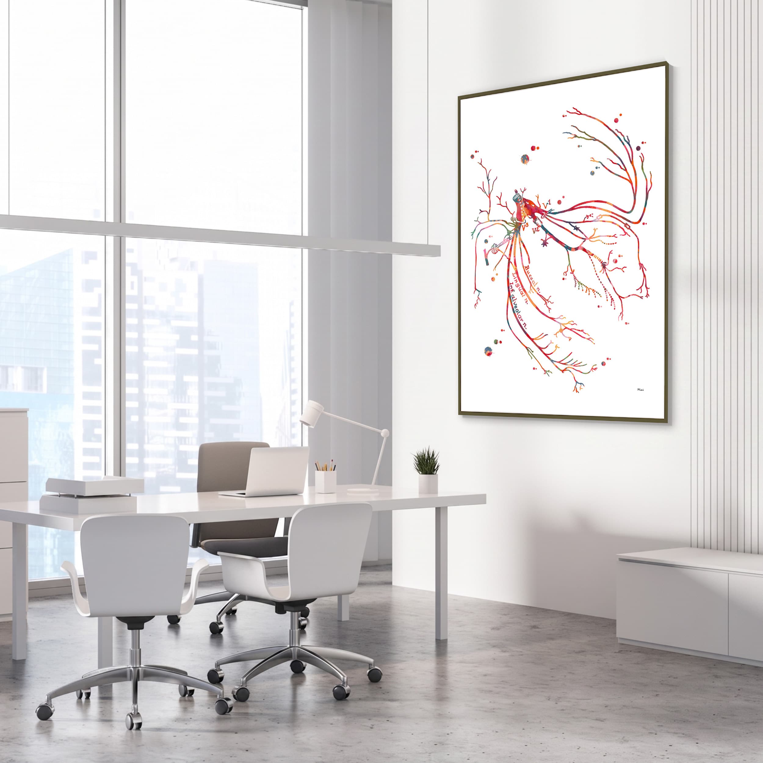 Framed trigeminal nerve (cranial nerve v) watercolor print in a neurology clinic
