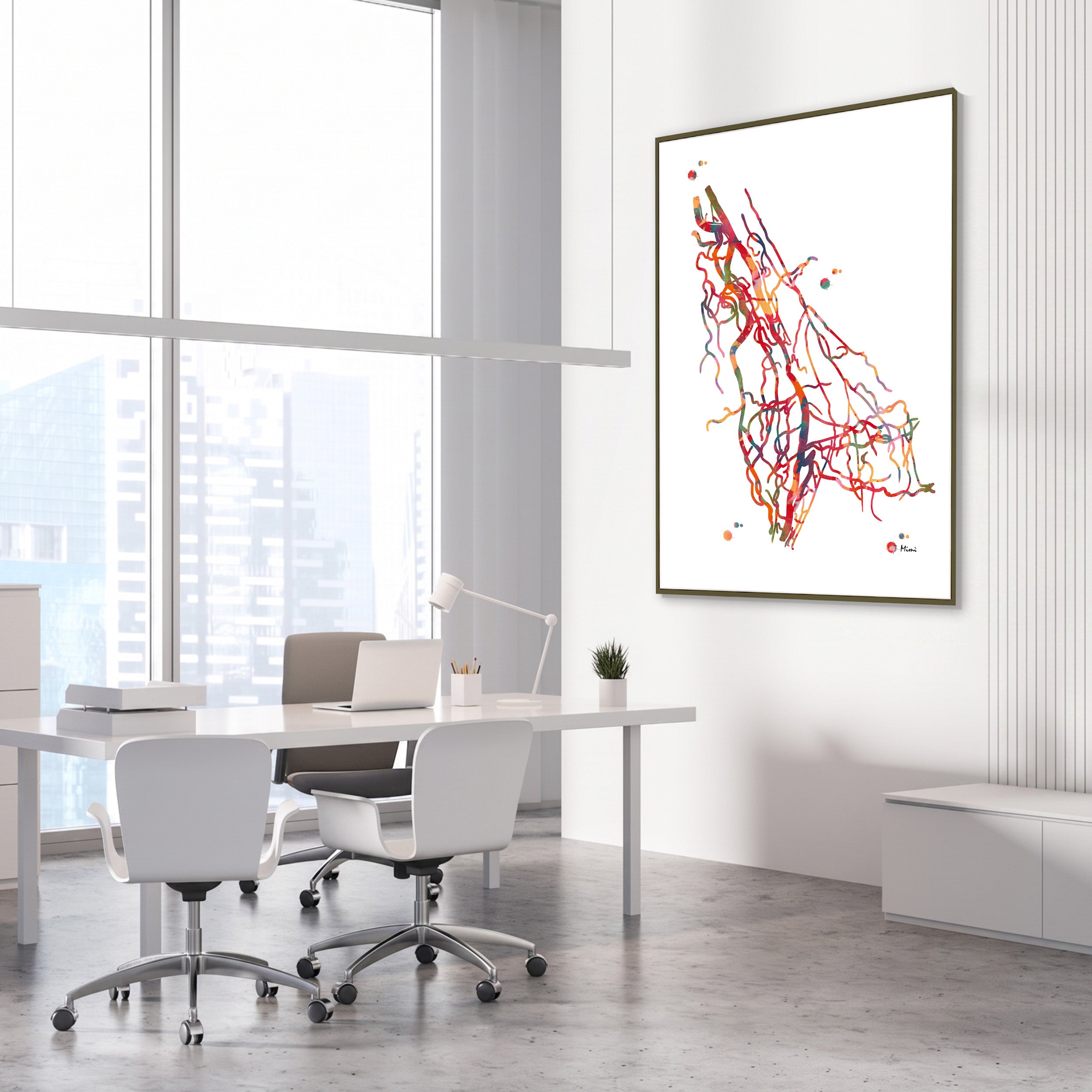 Framed upper limb arteries DSA angiogram watercolor print in a vascular clinic