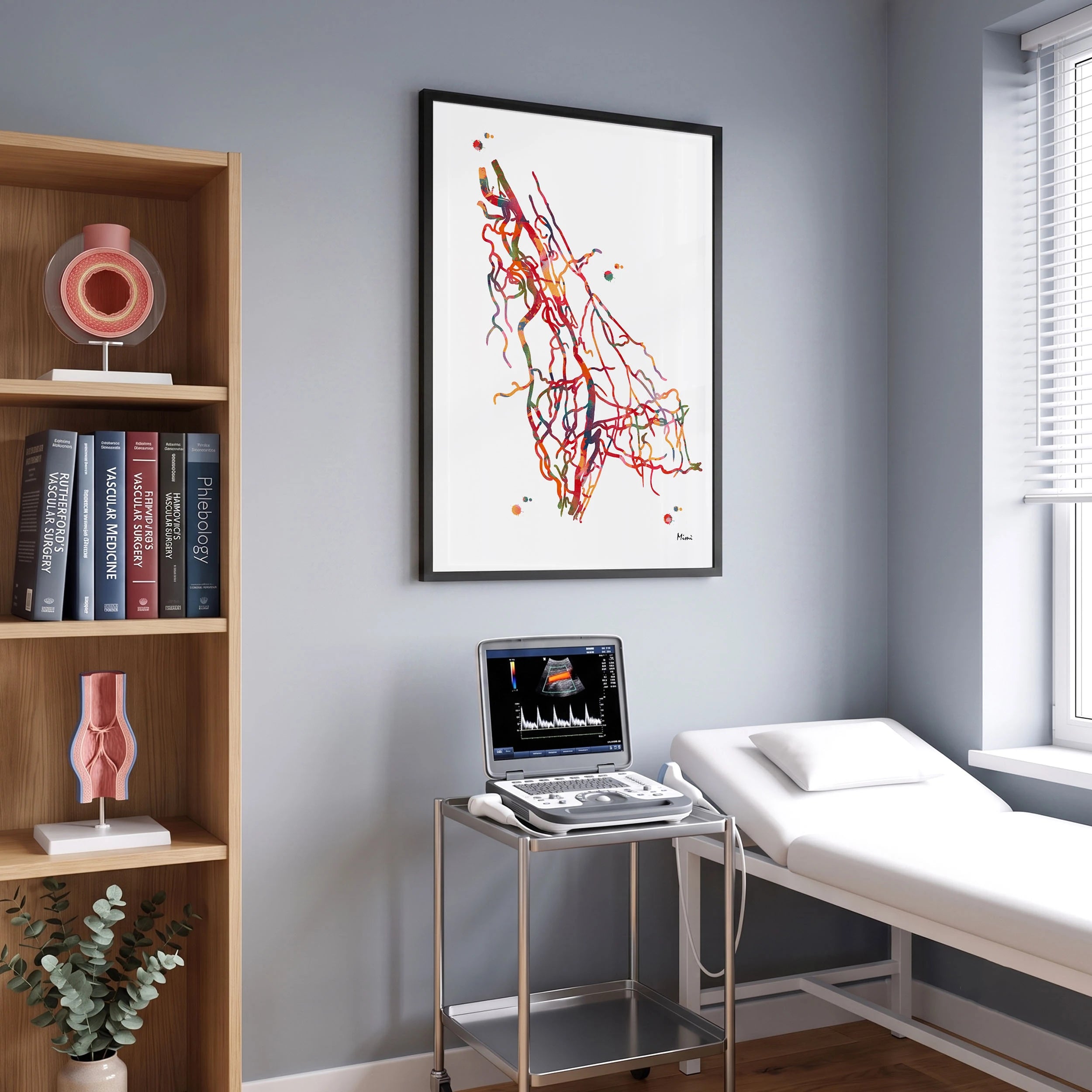 Framed upper limb arteries DSA angiogram watercolor print in a vascular clinic