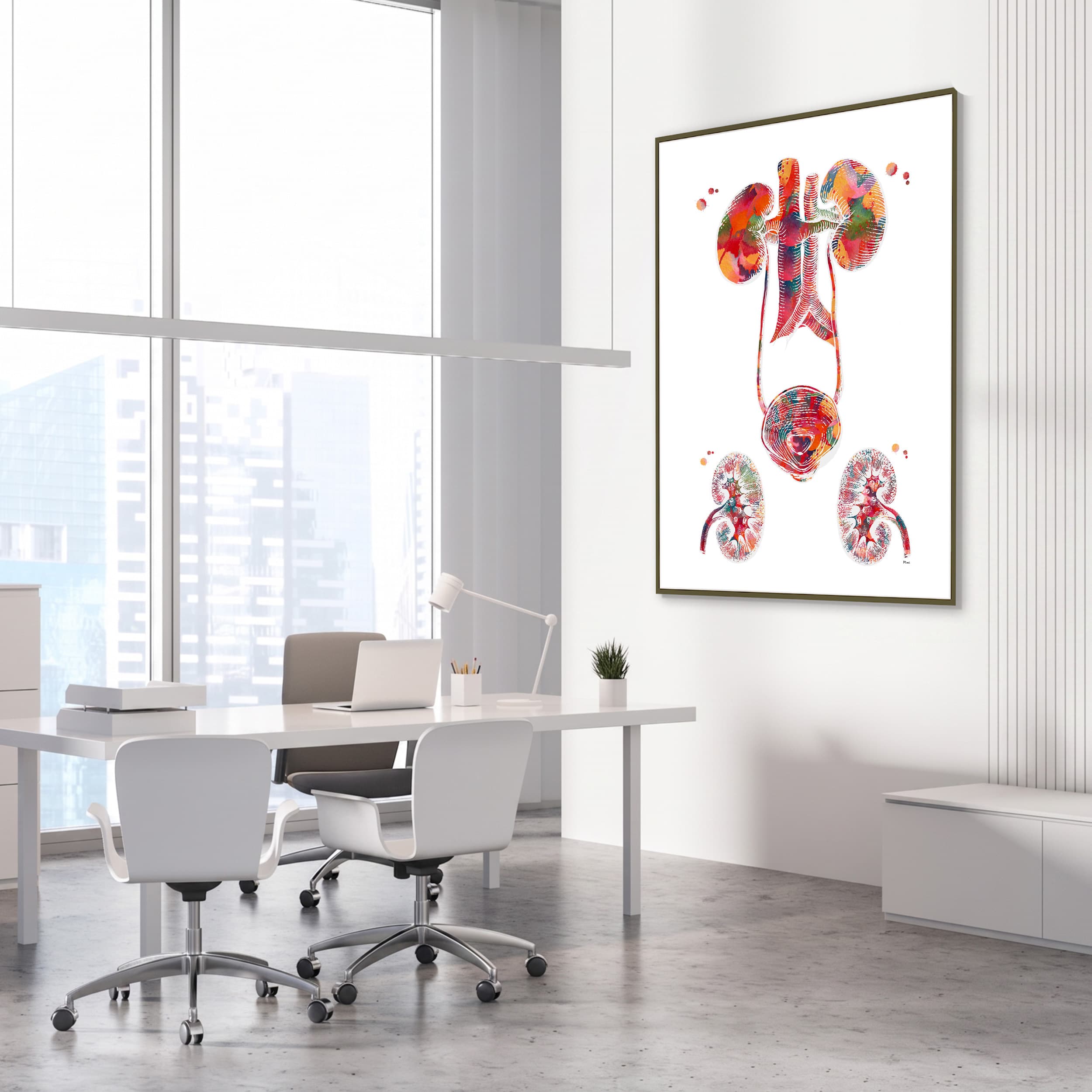 Framed urinary tract watercolor print in a nephrology clinic