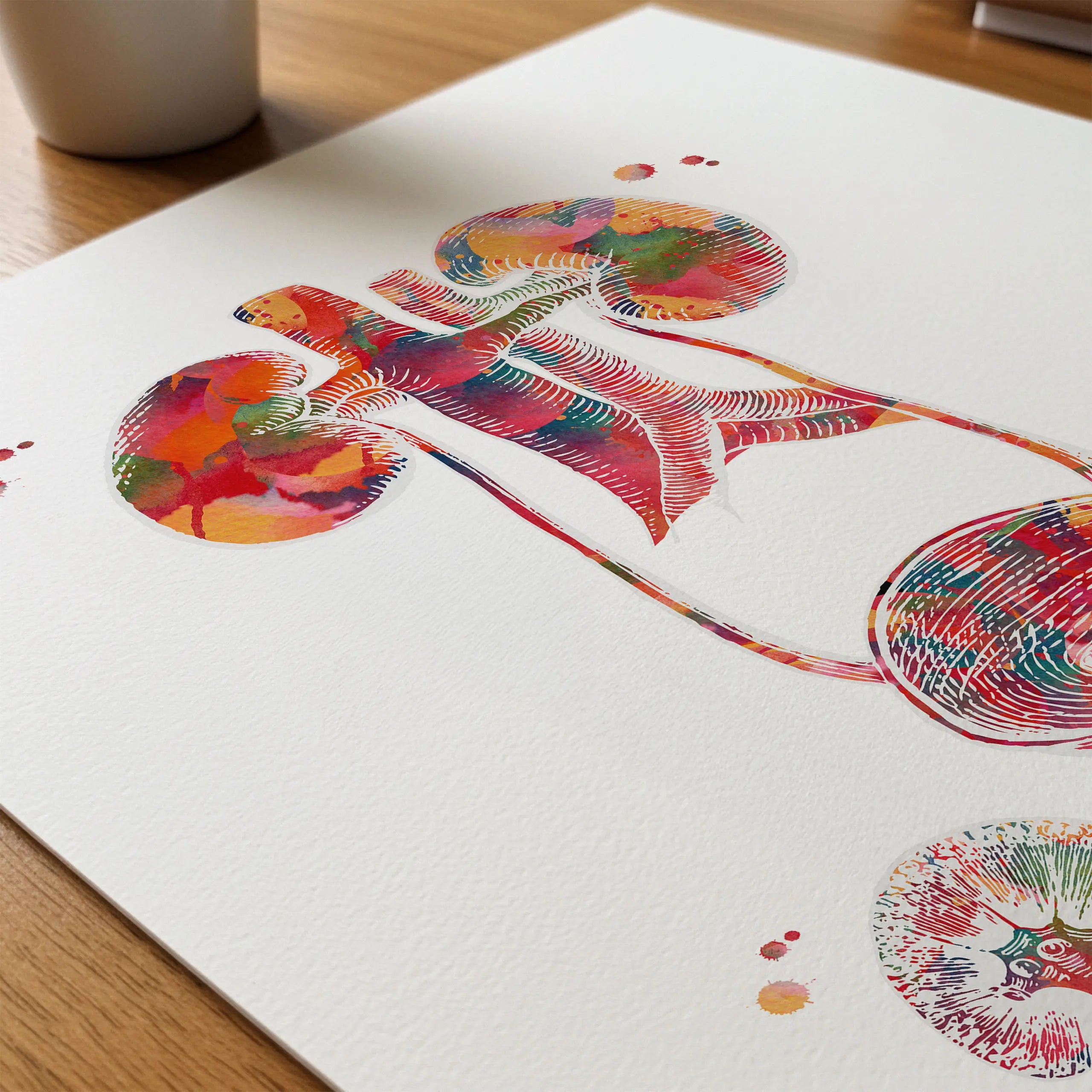 Close-up of urinary tract watercolor print showing paper texture and grain