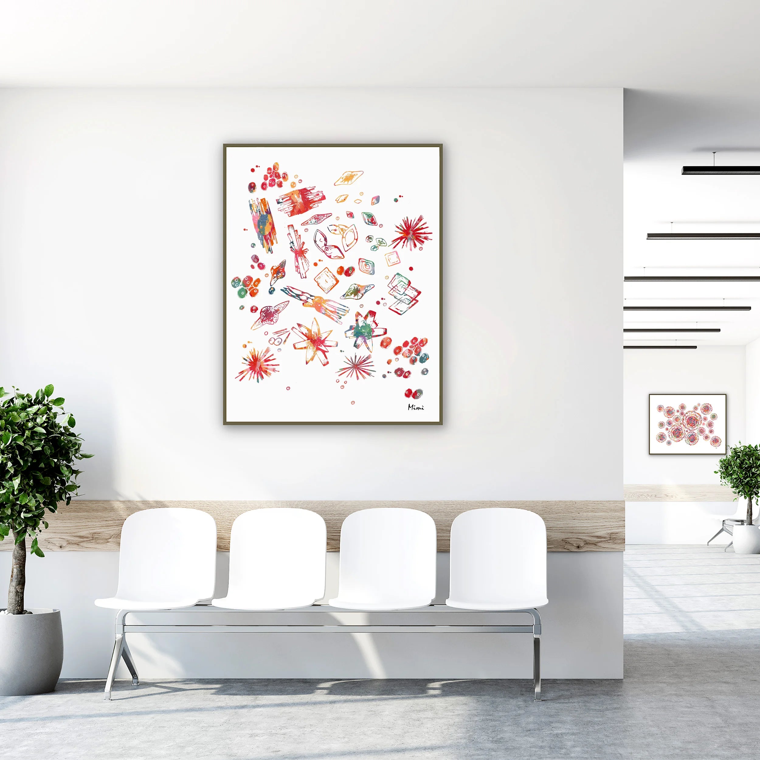 Framed urine crystals watercolor print in a biology lab waiting room