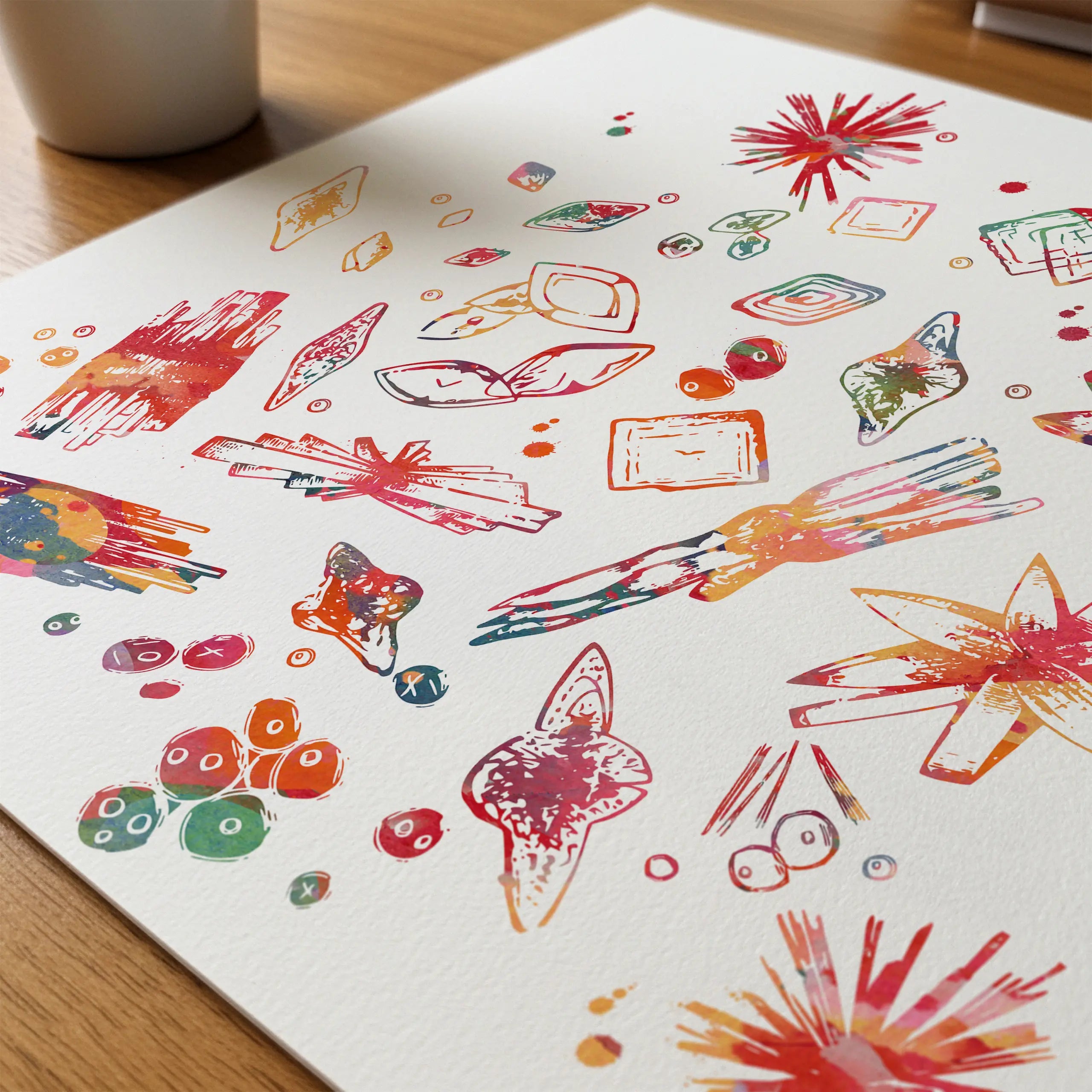 Close-up of urine crystals watercolor print showing paper texture and grain
