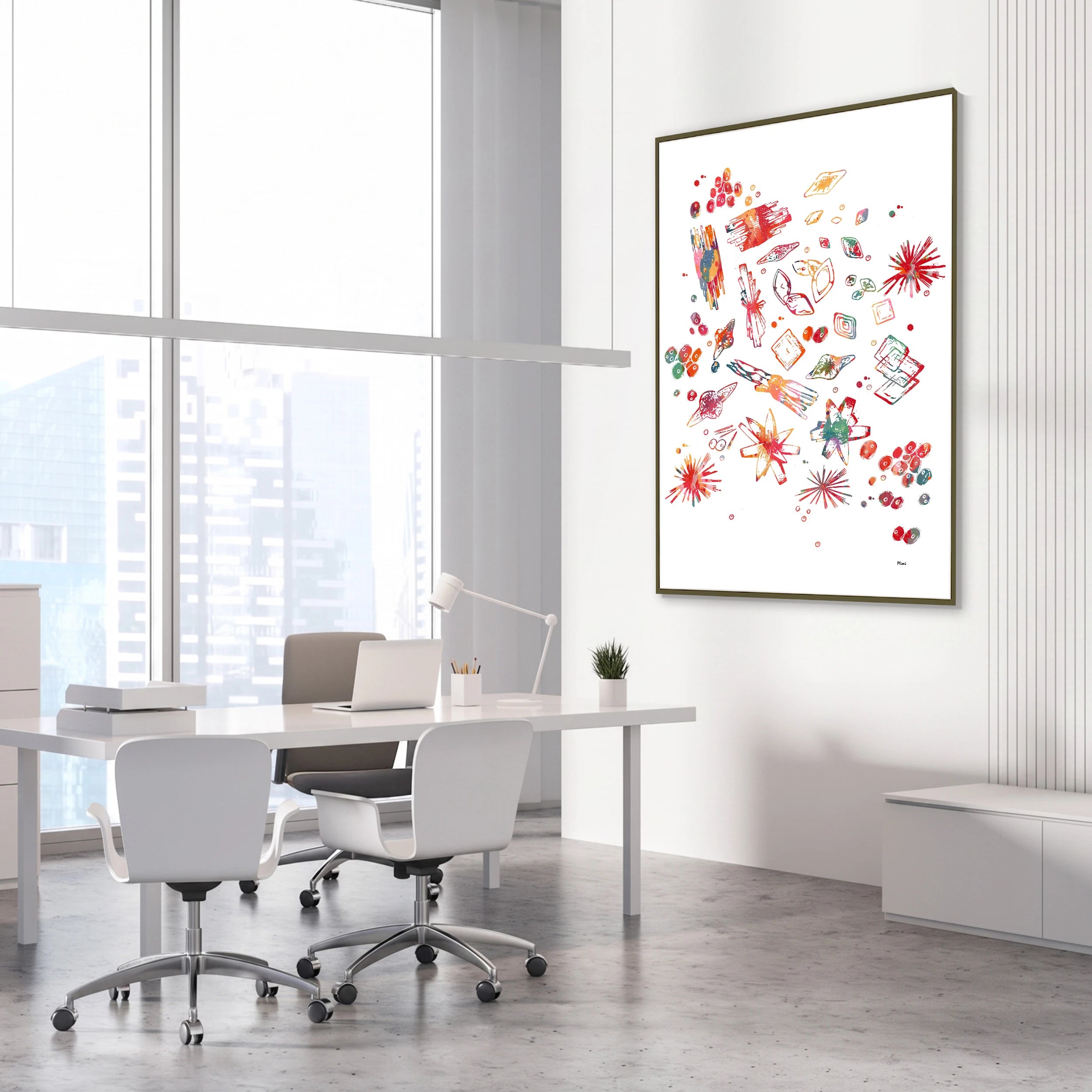Framed urine crystals watercolor print in a science laboratory office