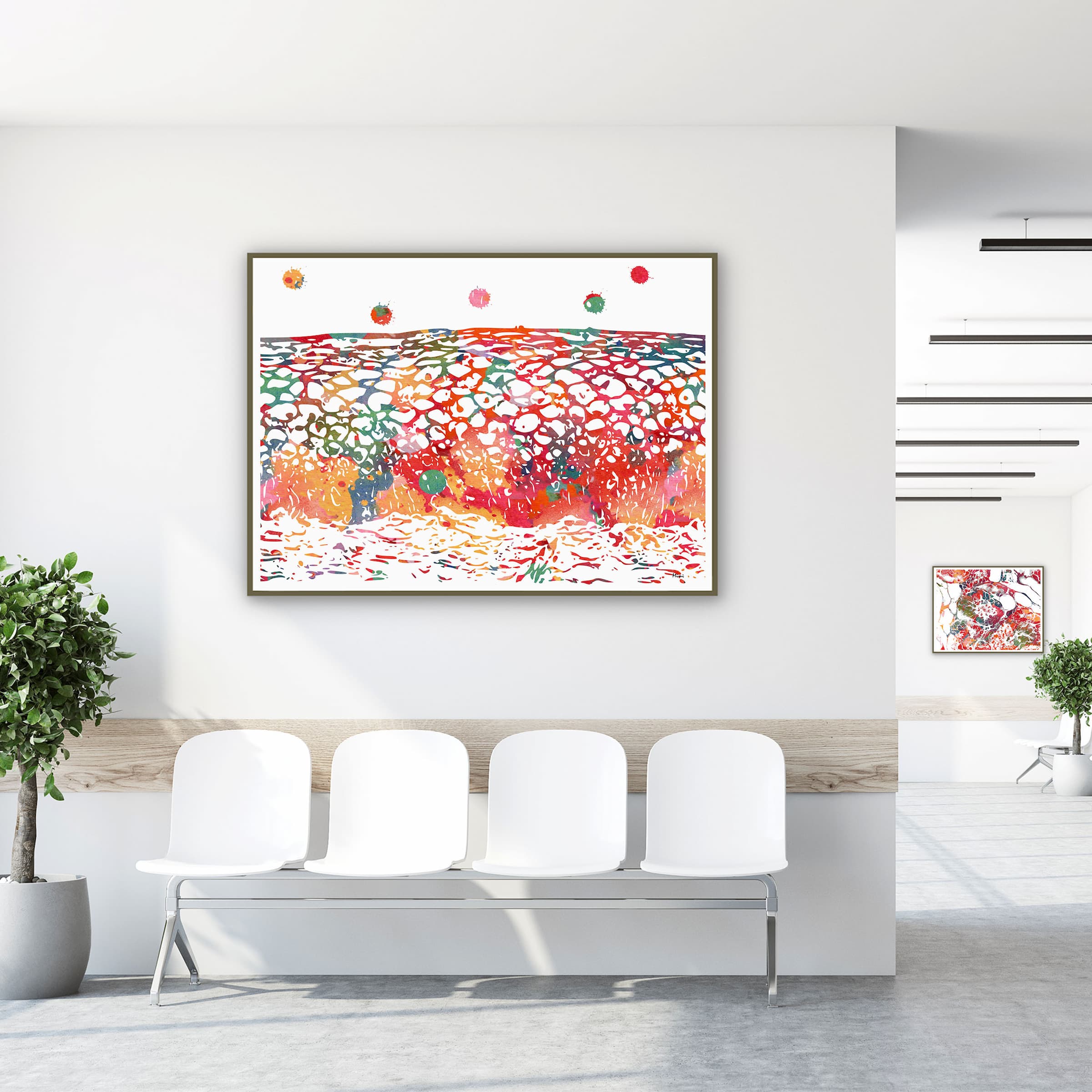 Framed uterine cervix & epithelial cells watercolor print in a clinic waiting room