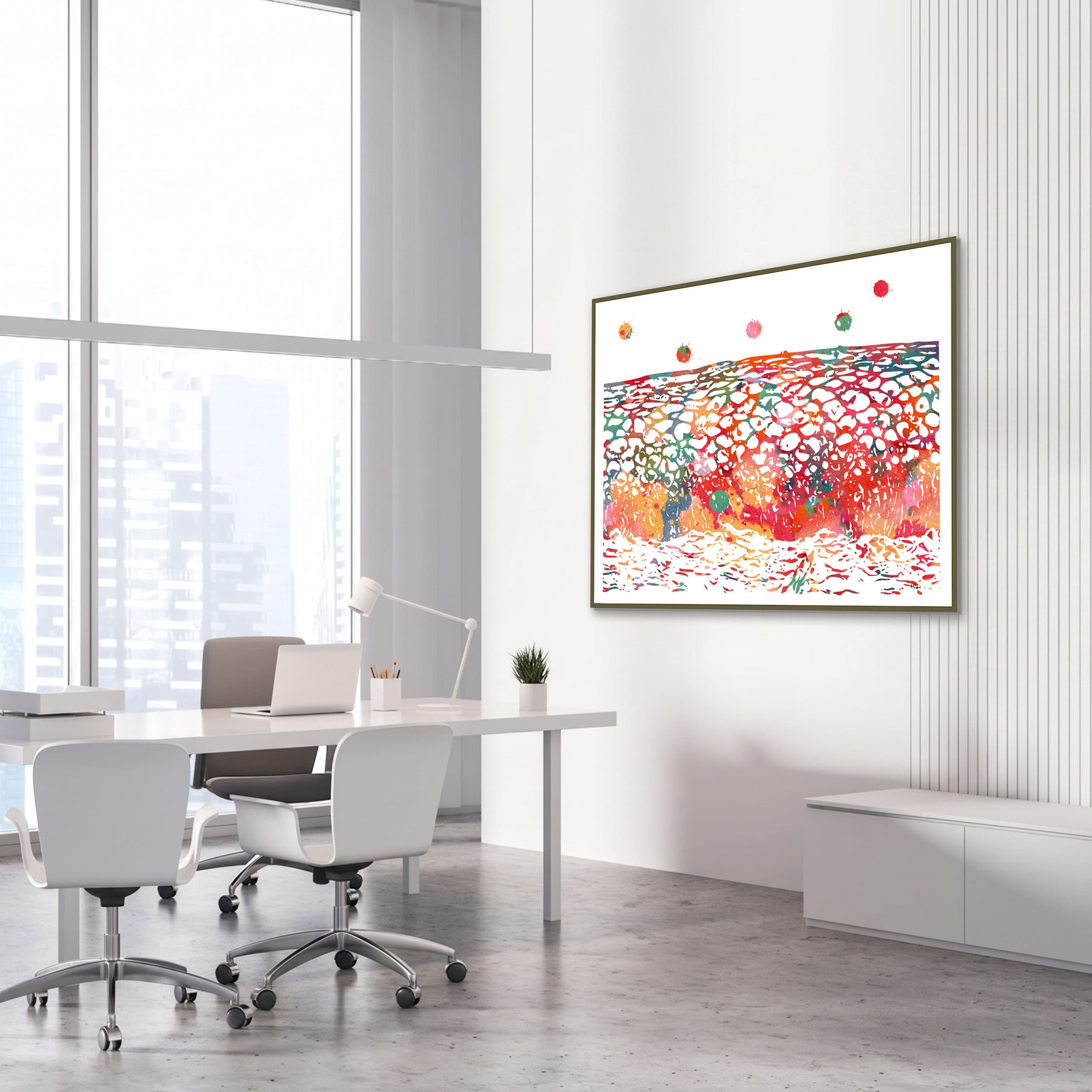 Framed uterine cervix & epithelial cells watercolor print in an OB-GYN clinic