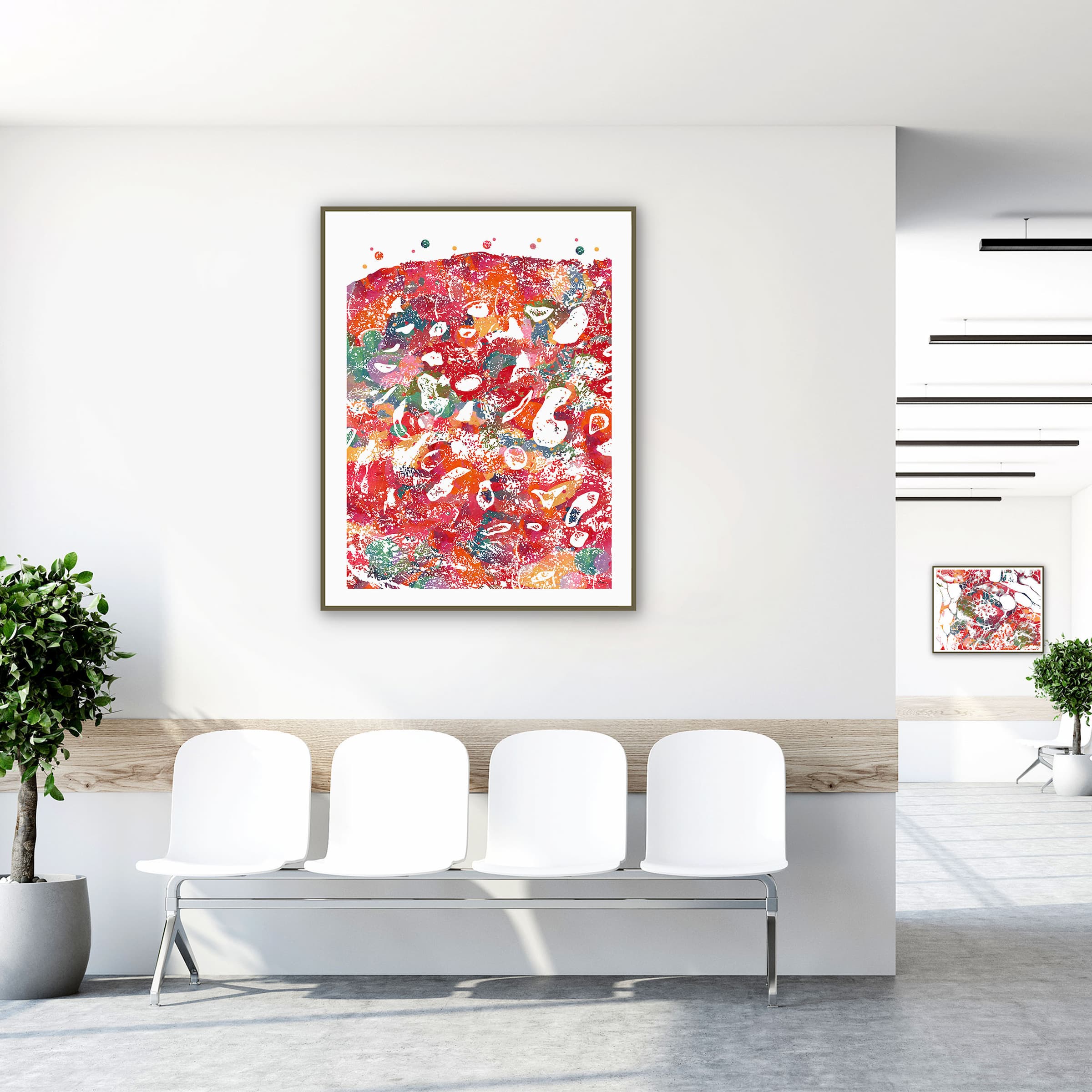 Framed uterine lining (endometrium) watercolor print in a clinic waiting room