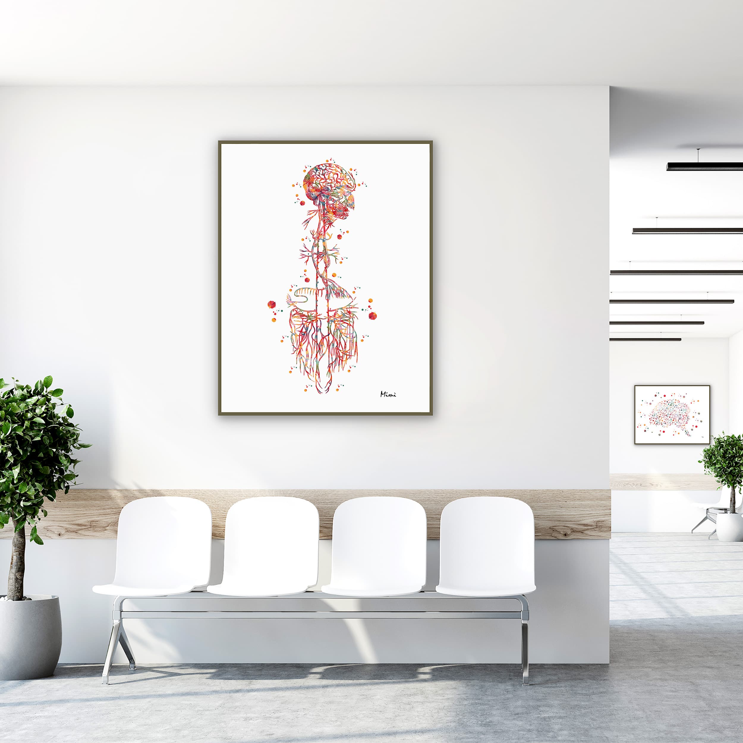 Framed vagus nerve anatomy watercolor print in a clinic waiting room
