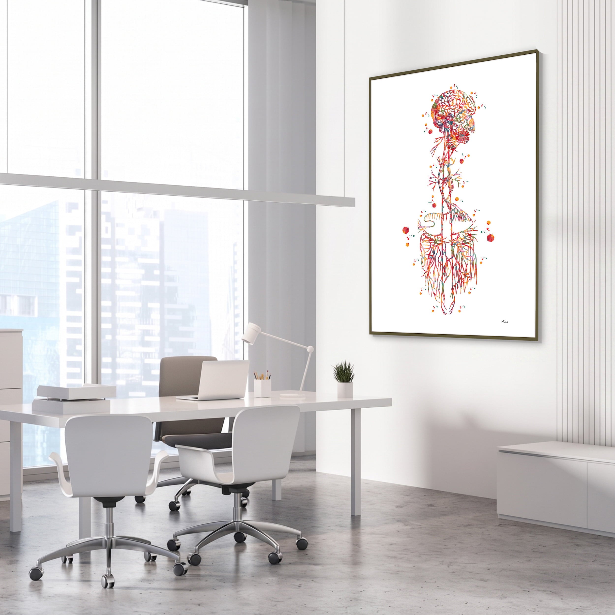 Framed vagus nerve anatomy watercolor print in a neurology clinic